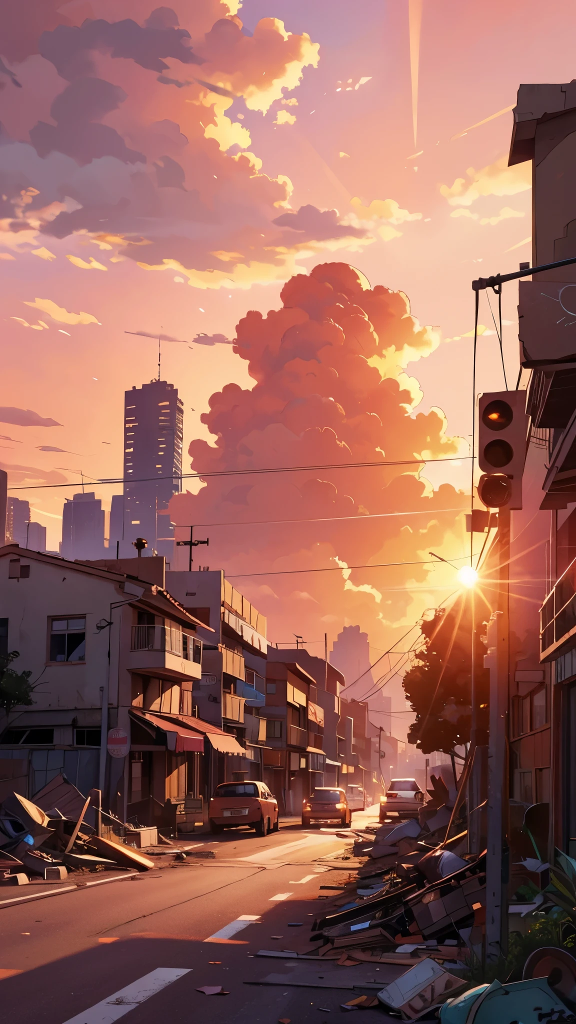 late sunset，Young and beautiful college students walk through the city streets，The bright golden hour of the cityscape is beautifully depicted，Her figure shuttles through the prime-hour sun，lit up the entire street。