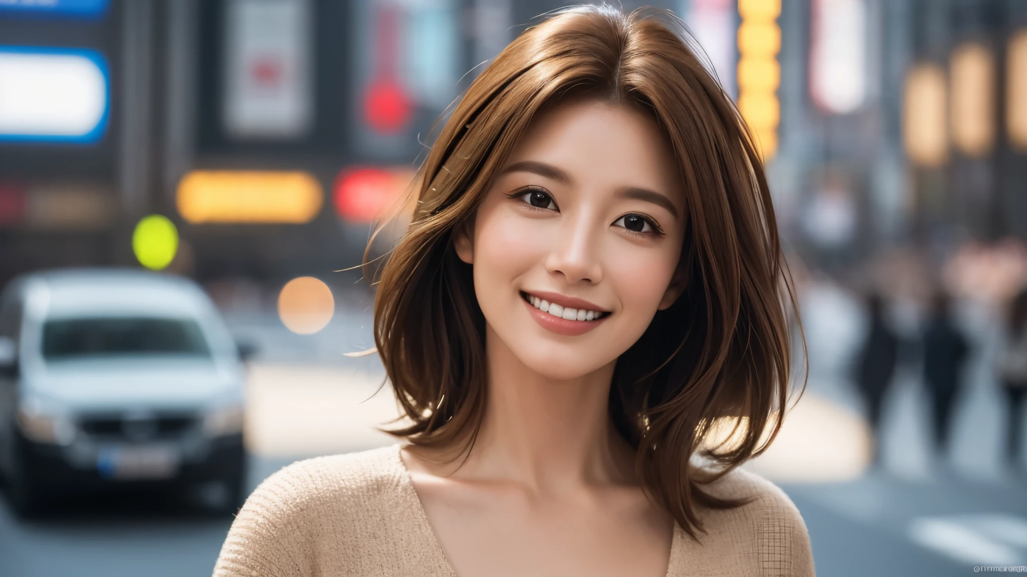masterpiece, Best Quality, Photorealistic, Ultra-detailed, finely detailed, High resolution, 8K Wallpaper, 1 beautiful woman, light brown hair, sharp focus, Perfect dynamic composition, Beautiful detailed eyes, detailed hairs, Detailed realistic skin texture, Smiling, portrait, Model body type, Take a walk in Tokyo city,