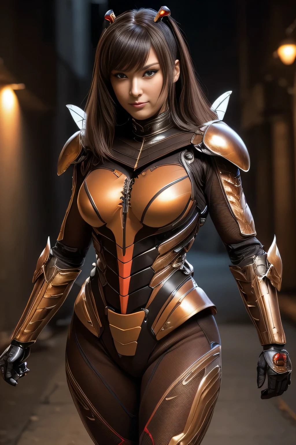 (High resolution,masterpiece,highest quality,Very detailed CG, anime, official art:1.4), realistic, photograph, amazing detail, everything is complicated, shiny and glossy,Amazing number of layers, 8K wallpaper, 3D, sketch, cute, figure,( alone:1.4), perfect female proportions,villain's daughter, (Fusion of dark brown cockroach and lady:1.4), (brown cockroach woman:1.2), (brown cockroach woman:1.2), (Fusion:1.2), (alone:1.4), (evil smile:1.2), muscular, abs, (Cockroach brown exoskeleton bio insect suit:1.4), (Cockroach brown exoskeleton bio insect armor:1.2), (brown transparent cockroach feathers:1.4), (Antennae of brown cockroaches:1.3),