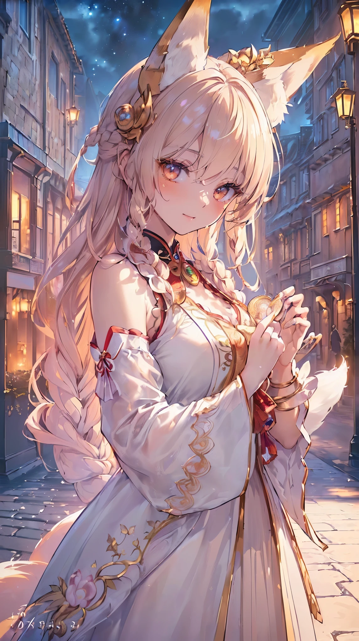 (((Masterpiece))), (((Highest quality))), ((Ultra-detailed)), ((Super fine illustration)), ((Ultra-fine painting)), (16K highest quality wallpaper:1.4), (Upper body:1.6), HDR, (Highly detailed and delicate illustration style:1.8), Detailed skin texture, Detailed cloth texture, Extreme detailed description, (T-masterpiece), (Highly detailed face:1.2), (Highly detailed fox ears:1.2), (Highly detailed shiny braid:1.2), (Highly detailed beautiful eyes:1.2), (Highly detailed nine tails:1.2), Original, RAW photo, Professional, Intricate details, Super details, Direct light:1.6, (Perfect anatomy:1.4), (Highly detailed hands:1.2), (Highly detailed fingers:1.2), (Highly detailed fingertips:1.2), (23-years-old), Real, (Solo:1.6), (A beautiful and attractive fox girl with nine tails and eyes who is an idol, messenger of the gods, and a shrine maiden:1.4) BRAKE (Beautiful and adorable fox ears:1.6), (Highly detailed and delicate fox ears:1.4), (Beautiful and adorable fox nine tails:1.6), (Highly detailed and delicate fox nine tails:1.2), (Beautiful and well-shaped big breasts:1.2), (Beautiful and well-shaped buttocks), (Beautiful and shiny braid:1.6), (Highly detailed and delicate braid:1.2), (Beautiful clear eyes that shine with great detail:1.6), (Highly detailed and delicate eyes:1.2), (Highly detailed face:1.4), (Smile:1.3), (Blush:1.2), (Looking at viewer:1.4), (Standing:1.4) BRAKE (Puffer jacket:1.4), (Casual dress:1.4) BRAKE (concept art:1.2), (detailed fantasy art:1.2) BRAKE ((Highly detailed and delicate night view of the streets of European capitals in spring background:1.6), Highly detailed night view of the streets of a European capital in spring:1.2, Highly detailed and delicate moon and starry sky background:1.4) BRAKE