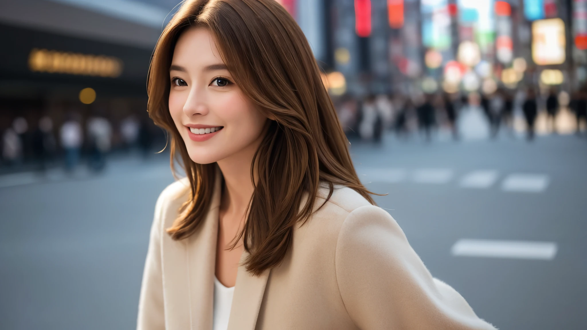 ((Highest quality)), ((8K)), ((masterpiece: 1.3)), (Perfect appearance), (Photorealism: 1.6), (JMA), (KE), (City street corner), (歩く1人のJapanese Mature), (Sidewalk in an office district), (Detailed Background), (Full body portrait), (60 years old, Japanese Mature), ((Realistic skin texture)), (Fine wrinkles all over the skin), (Dullness), (Facial wrinkles), (Wrinkles around the eyes), double eyelid, Tear bags under the eyelids, Calm expression, Straight Long Hair, (wide neckline blouse), BREAK(Pale beige flared skirt),BREAK ハイヒール,