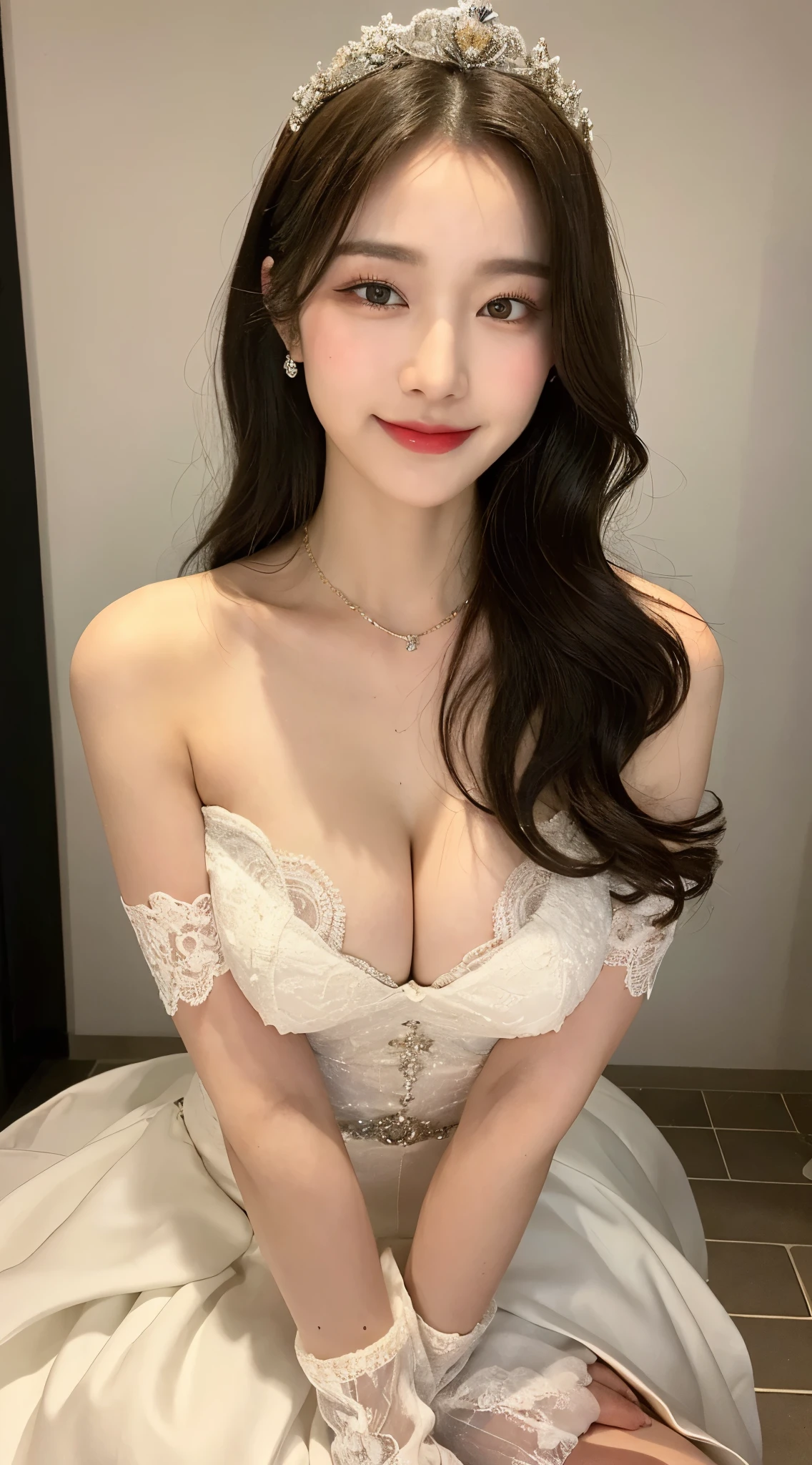 ((best quality, 8k, masterpiece: 1.3)), 1 girl, perfect body beautiful: 1.3, (Long hair parted in the middle), (Queen), (big breasts), (Wedding dress), Super thin face, exquisite eyes, double eyelids, Smile, Short bandeau skirt, lace, whole body, long legs, High heel, nipple,((Bend forward,Cross your legs))