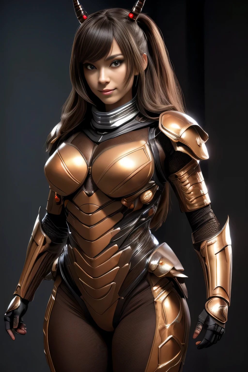 (High resolution,masterpiece,highest quality,Very detailed CG, anime, official art:1.4), realistic, photograph, amazing detail, everything is complicated, shiny and glossy,Amazing number of layers, 8K wallpaper, 3D, sketch, cute, figure,( alone:1.4), perfect female proportions,villain's daughter, (Fusion of dark brown cockroach and lady:1.4), (brown cockroach woman:1.2), (brown cockroach woman:1.2), (Fusion:1.2), (alone:1.4), (evil smile:1.2), muscular, abs, (Cockroach brown exoskeleton bio insect suit:1.4), (Cockroach brown exoskeleton bio insect armor:1.2), (brown transparent cockroach feathers:1.4), (Antennae of brown cockroaches:1.3),