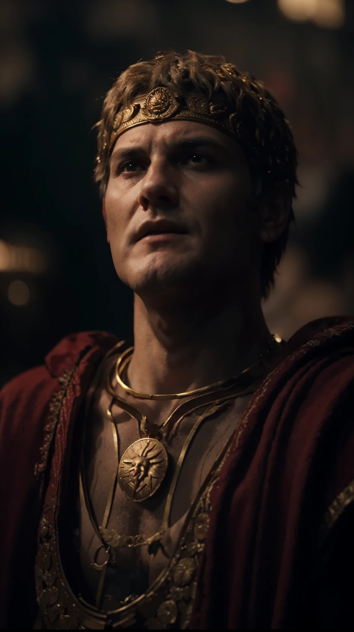 Nero in a red robe and a gold necklace looks up, caesar, in screenshot from the 300 movie, roman emperor, julius caesar, i played a man from history, epic 3 d oxossi, caesar victorious, by Pogus Caesar, incredibly detailed faces, film still from god of war, ultrarealistic uhd faces, roman face