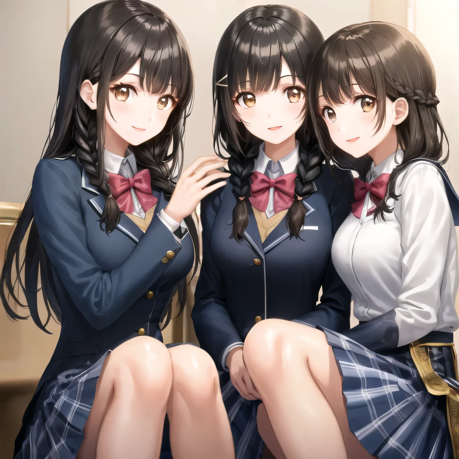 highest quality, (masterpiece:1.2), very detailed, Three girls are sitting around the viewer, Glossy lips that make you want to kiss, nice smile, brown eyes, (((black hair))), 15 years old, long braids, big shiny hair clip, school uniform, Dark blue and navy plaid skirt, middle long skirt, white shirt, A luxurious navy blazer with a golden emblem on the left chest, big red ribbon on the chest, lipstick、very shiny hair、laughter、bright look、The light makes my face and hair shine, The corners of the eyes are drooping, cute braids, I&#39;m so happy I can jump up, The expression of a maiden in love, (((twin braid hair))), The skirt fabric has a beautiful deep blue checkered pattern., A shy expression staring at the viewer, double eyelid, ((long eyelashes)), ((the knees are hidden by the skirt))