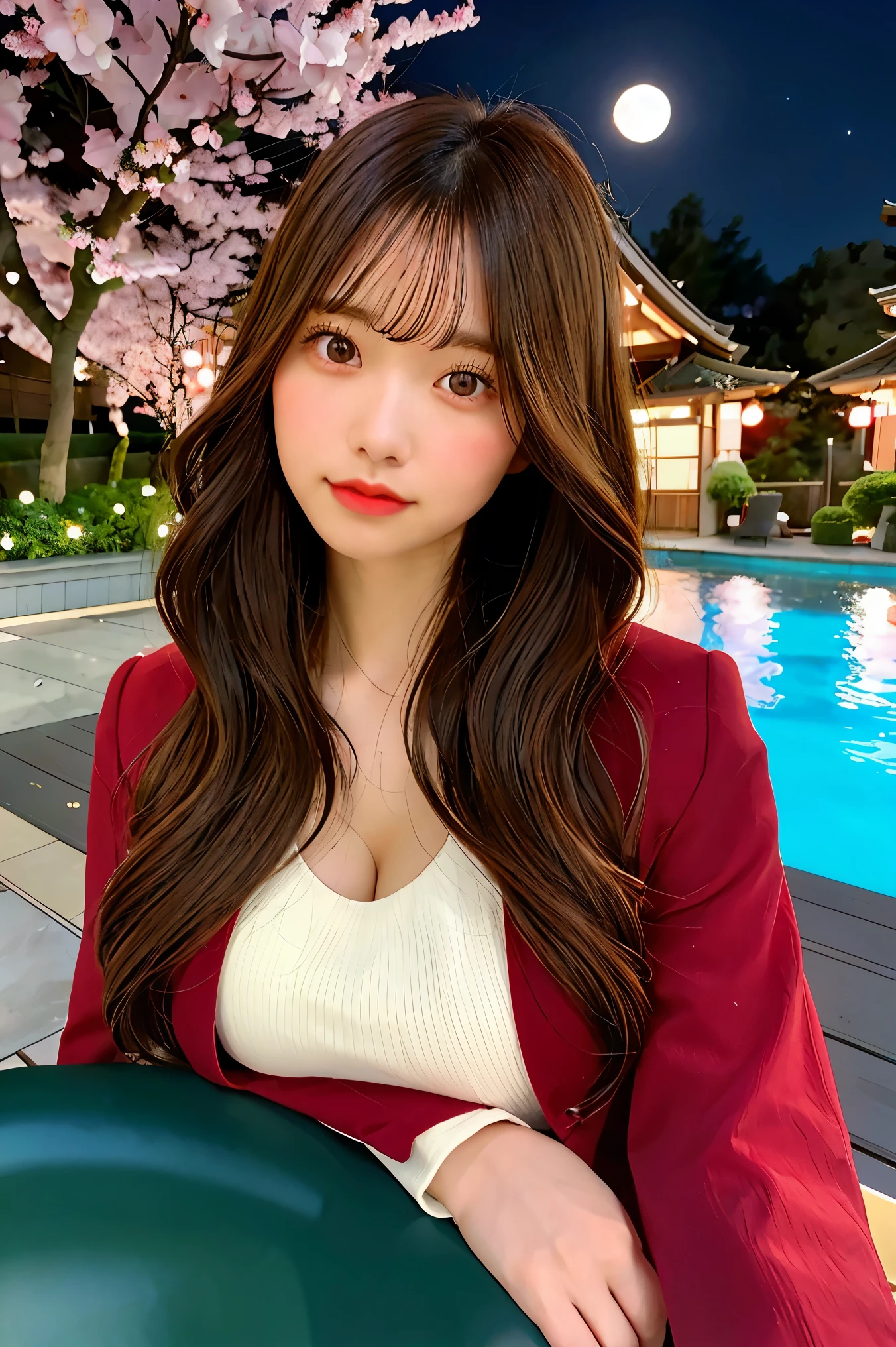  one girl, brown hair、long hair、curly hair、black eye、well-groomed face、thick lips、Red knitted clothes、black coat、beautiful breasts、I can see the cleavage、beautiful feet、Kyoto、Cherry blossoms at night、garden、pool、full moon、city、petal、High resolution、ultra High resolution、delicate、16k