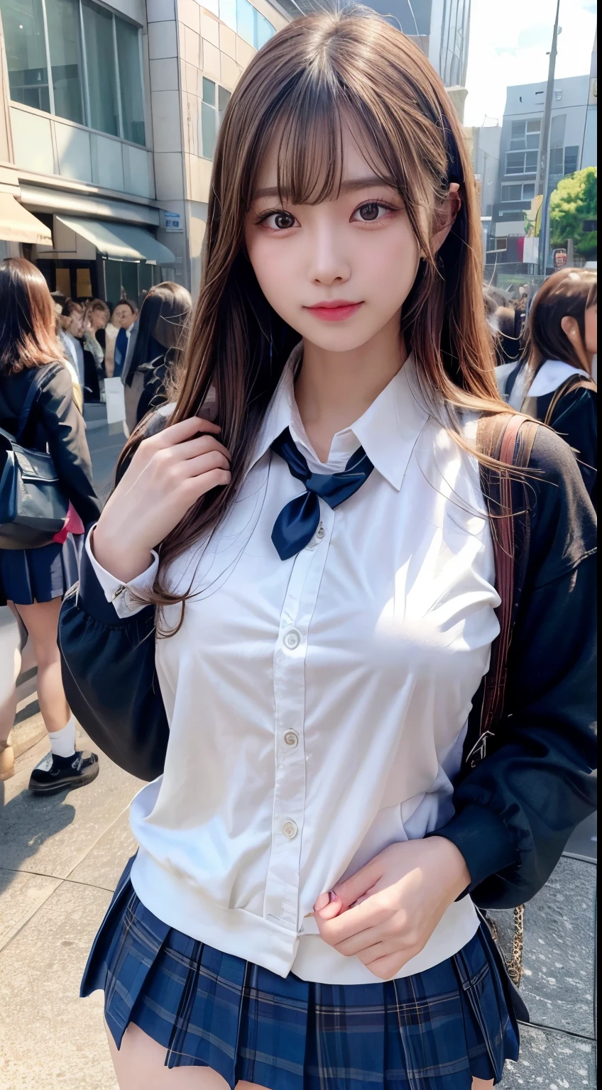 (8ก, RAW photo, highest quality, masterpiece:1.2), (realistic, photo-realistic:1.4), (very detailed8กの壁紙), sharp focus, Depth of the bounds written, bocinematic light, soft light, Beautiful eyes with attention to detail,shiny smooth light brown long bob hair, asymmetrical bangs, shiny skin, very fine skin ,High resolution, very detailed, detailed hairstyle, detailed beauty face, hyper realistic, perfect limbs, perfect anatomy ,1 Japanese girl,famous japanese idol, perfect woman'body of, big breasts,smile,short eyelashes,double eyelid,long bob hair, (school uniform:1.3),(short skirt, Navy blue), look at the audience, (crowded street:1.3),cowboy shoot