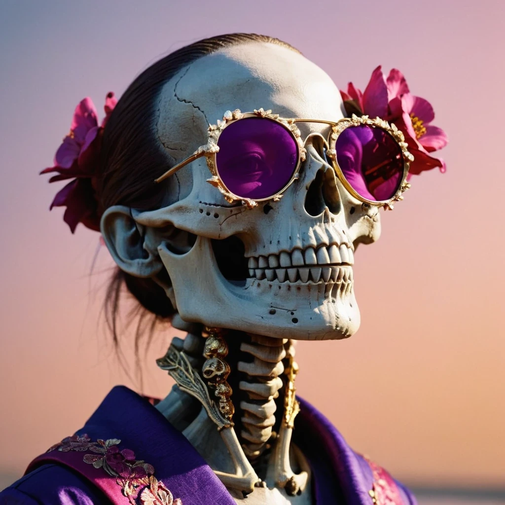 On snowy nights，32k（masterpiece，HD，super high quality，32k）Purple-pink double ponytail，flower stick，Indigo Skull 马 ，mahogany steering wheel （The skeleton is very realistic：1.4），crocodile print robe，Rusty skull ornaments，Sand gold linen cloak，Petals flying，Deep gold sunglasses，Hold your head high，worthy of pride，looking at people through nostrils，A primary and secondary school student， high resolution，Xueba， detail， original photo， Sharp Re， Nikon D850 film photo by Jefferies Lee 4 Kodak Portra 400 camera F1.6 guns, rich and colorful, Super real、Vivid texture, dramatic lighting, Unreal Engine Art Station Trend, Silicon Nest 800，Hold your head high，side，worthy of pride，looking at people through nostrils，arrogant，Petals flying，Petals flying，Gold-plated crocodile leather，Fluttering，Impeccable，( Reasonable design, clear lines, HD definition,best quality, Very detailed skeleton, skeleton of masterpiece, official art, Lighting effects, 8K crocodile skeleton（（（Platinum marble sunglasses）））Deep gold sunglasses，sideportrait