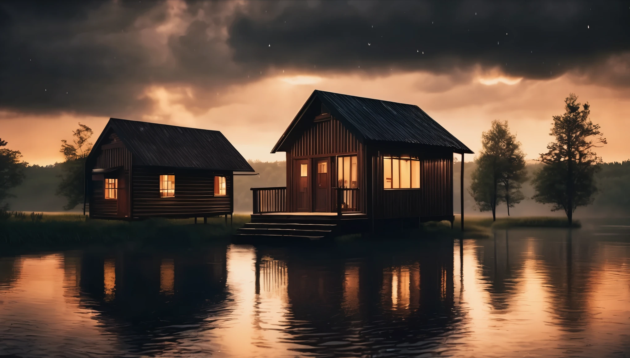 Create a realistic shot of TWO cabins at night, very realistic, RIVER FLOWING, with tin roof, rainy environment, lights on inside, cloudy sky surrounded by dark storm clouds, 4k photography, few trees around the building, gloomy view, and dark, foggy background