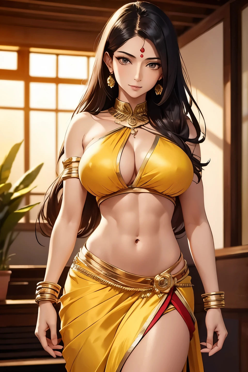 (masterpiece, best quality, detailed illustration, high resolution), ((1girl, solo)), ((huge breasts, slim waist, long legs, fit body, toned body)), ((black hair)), ((yellow saree)), ((full body, closeup view)), ((standing)), ((looking at the viewer, facing the viewer)), office setting, ((tan skin, tanned skin)), ((oiled skin)), ((large breasts, mature woman, mature female, mature lady)), ((indian woman)), ((straight hair)), (detailed eyes), ((standing)), ((muscular body, abs)), ((warrior girl)), ((big breasts, mature girl))