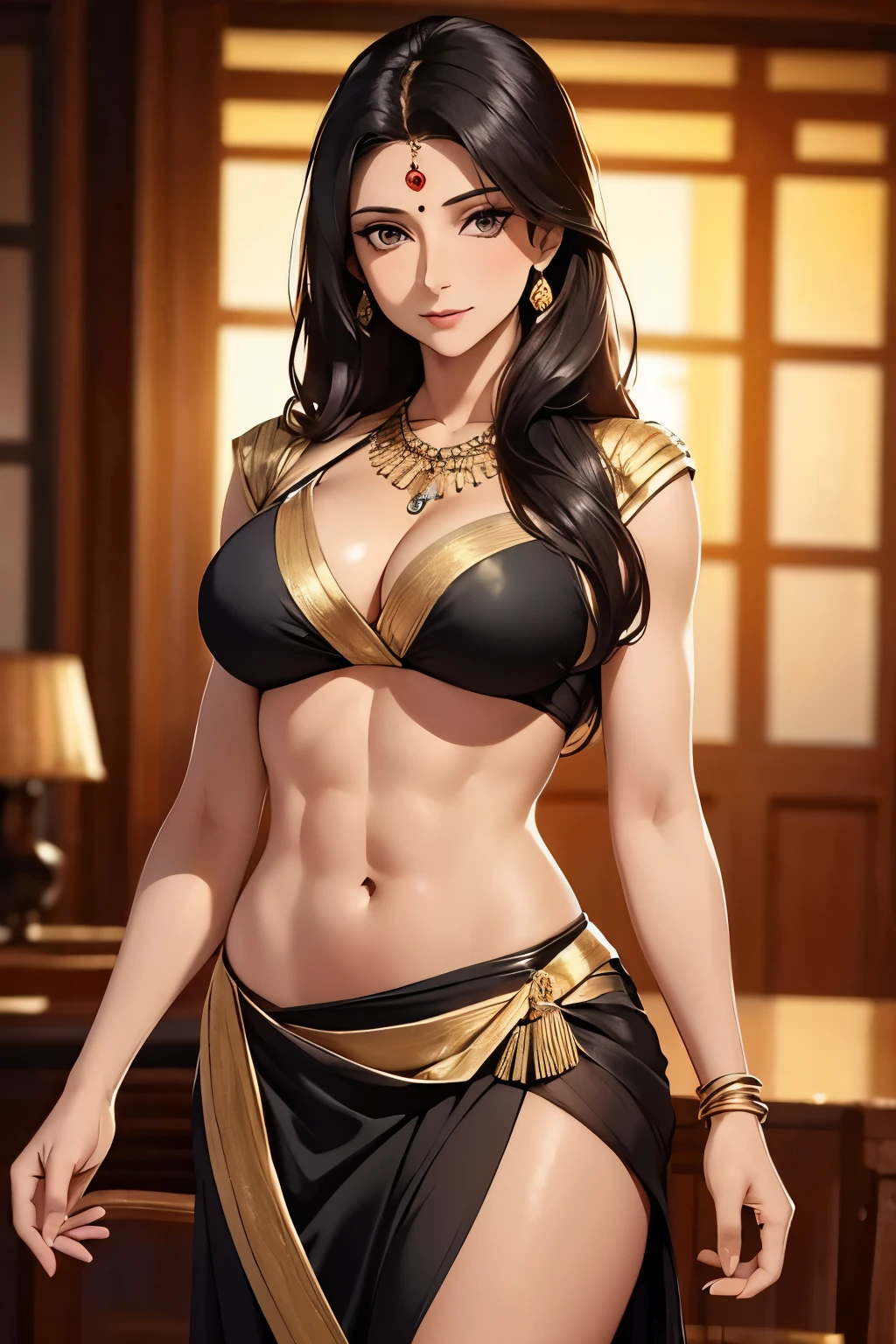 (masterpiece, best quality, detailed illustration, high resolution), ((1girl, solo)), ((huge breasts, slim waist, long legs, fit body, toned body)), ((black hair)), ((yellow saree)), ((full body, closeup view)), ((standing)), ((looking at the viewer, facing the viewer)), office setting, ((tan skin, tanned skin)), ((oiled skin)), ((large breasts, mature woman, mature female, mature lady)), ((indian woman)), ((straight hair)), (detailed eyes), ((standing)), ((muscular body, abs)), ((warrior girl)), ((big breasts, mature girl))