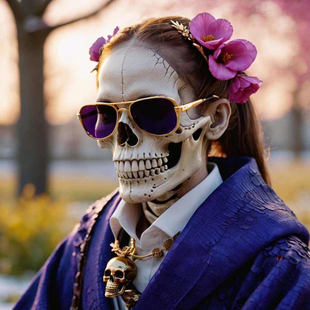 On snowy nights，32k（masterpiece，HD，super high quality，32k）Purple-pink double ponytail，flower stick，Indigo Skull 马 ，mahogany steering wheel （The skeleton is very realistic：1.4），crocodile print robe，Rusty skull ornaments，Sand gold linen cloak，Petals flying，Deep gold sunglasses，Hold your head high，worthy of pride，looking at people through nostrils，A  and secondaresolution，Xueba， detail， original photo， Sharp Re， Nikon D850 film photo by Jefferies Lee 4 Kodak Portra 400 camera F1.6 guns, rich and colorful, Super real、Vivid texture, dramatic lighting, Unreal Engine Art Station Trend, Silicon Nest 800，Hold your head high，side，worthy of pride，looking at people through nostrils，arrogant，Petals flying，Petals flying，Gold-plated crocodile leather，Fluttering，Impeccable，( Reasonable design, clear lines, HD definition,best quality, Very detailed skeleton, skeleton of masterpiece, official art, Lighting effects, 8K crocodile skeleton（（（Platinum marble sunglasses）））Deep gold sunglasses，sideportrait
