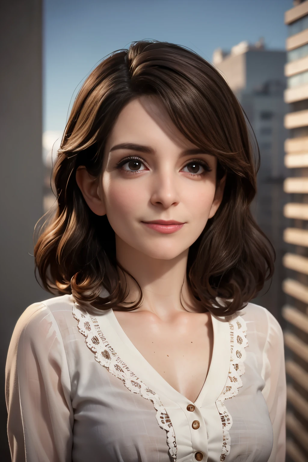 photo of Tina Fey, RAW, beautiful woman, ((portrait)), ((detailed face:1.2)), ((detailed facial feature, detailed skin, clear skin), (perfect proportioned body), (wearing a detailed dress) (high detailed city environment, apartment balcony), (realistic photo, best quality, detailed), (8k wallpaper), (cinematic lighting, dramatic lighting) (sharp focus, intricate)