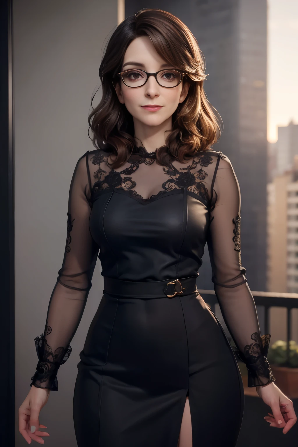 photo of Tina Fey, RAW, beautiful woman, ((portrait)), ((detailed face:1.2)), ((detailed facial feature, detailed skin, clear skin), (perfect proportioned body), (wearing a detailed dress) (high detailed city environment, apartment balcony), (realistic photo, best quality, detailed), (8k wallpaper), (cinematic lighting, dramatic lighting) (sharp focus, intricate)