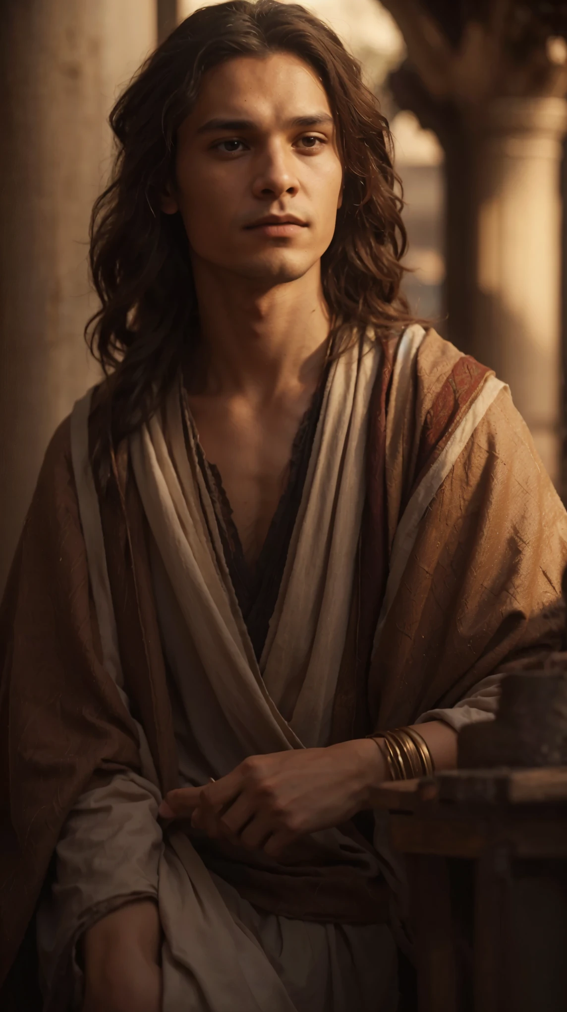 a man with long hair and a shawl sitting on a bench, frank dillane as a satyr, andrew krivulya, jesus of nazareth, biblical epic movie, a christian jedi, robert sheehan, portrait of jesus christ, biblical art style, prince of egypt, jesus christ in mass effect, biblical painting, young greek man
