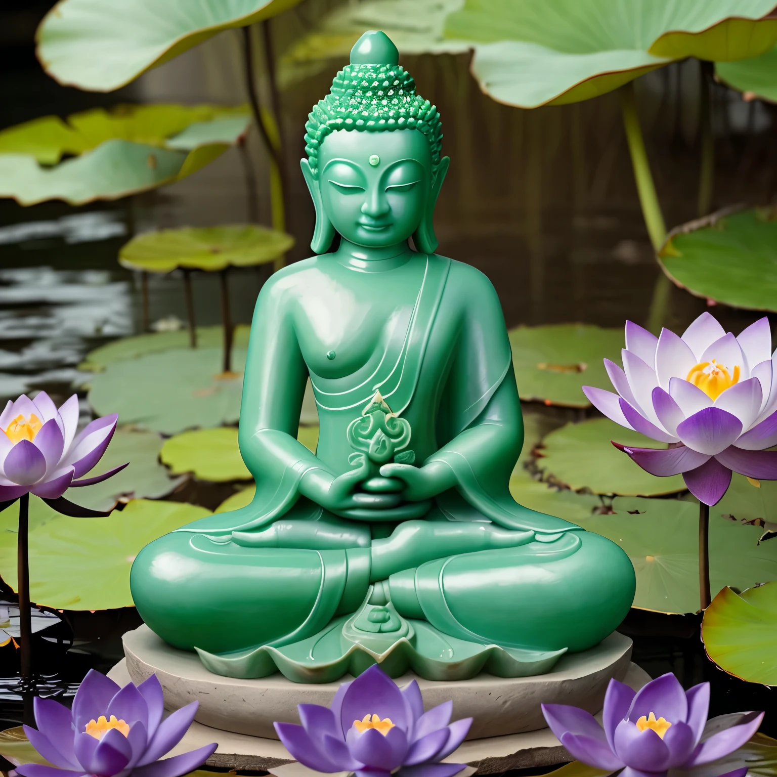 A jade Buddha statue sits on a purple lotus flower.