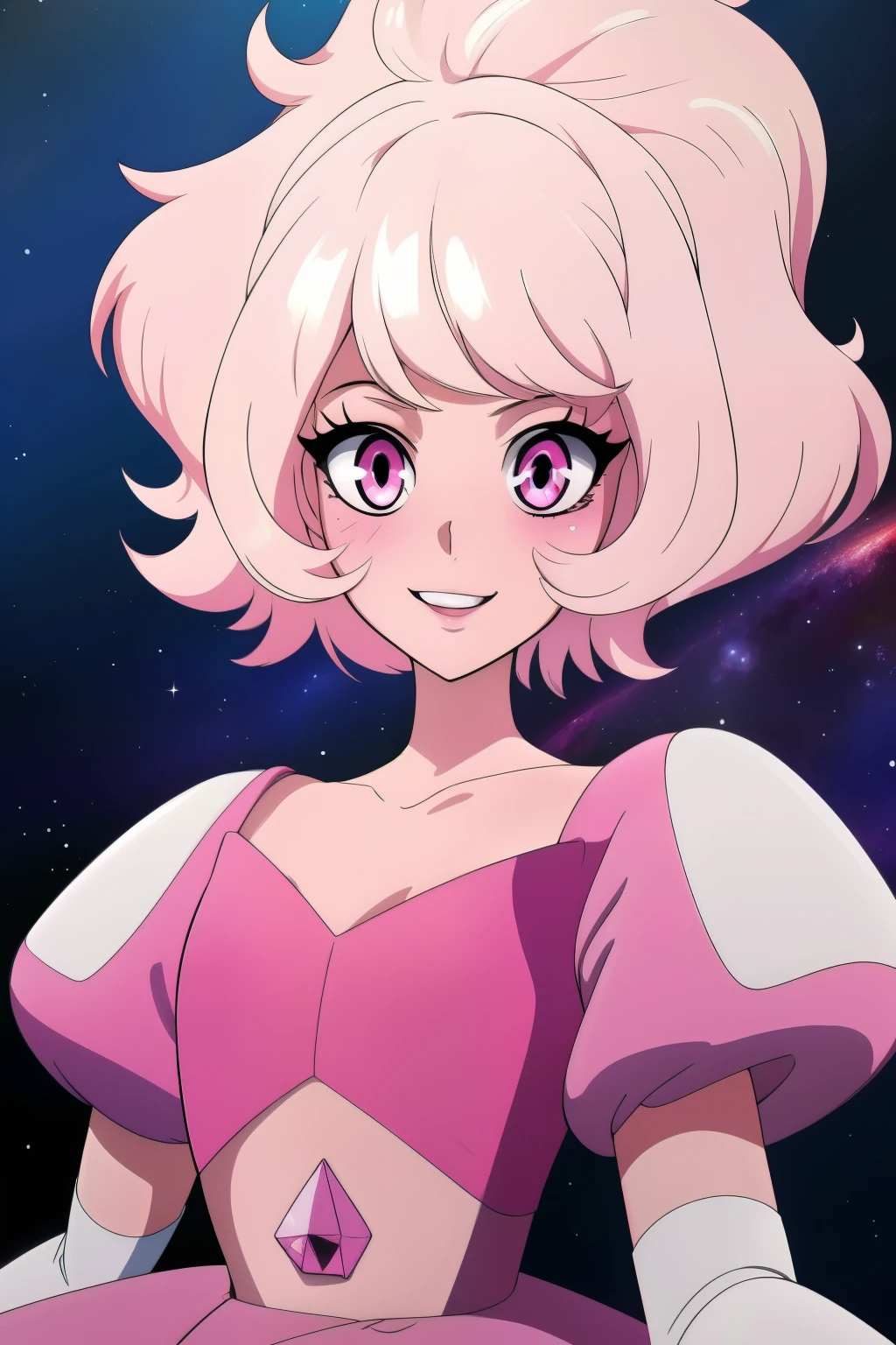 pnkdamond, pink hair, pink eyes,  big hair,  stomach gem,  pink skin,  toned, 
puffy short sleeves, elbow gloves ,  white thighhighs,   puffy dress, 
standing, upper body, 
 outerspace,  
(insanely detailed, beautiful detailed face,beautiful detailed eyes, masterpiece, best quality) cinematic lighting,  smile, 
 