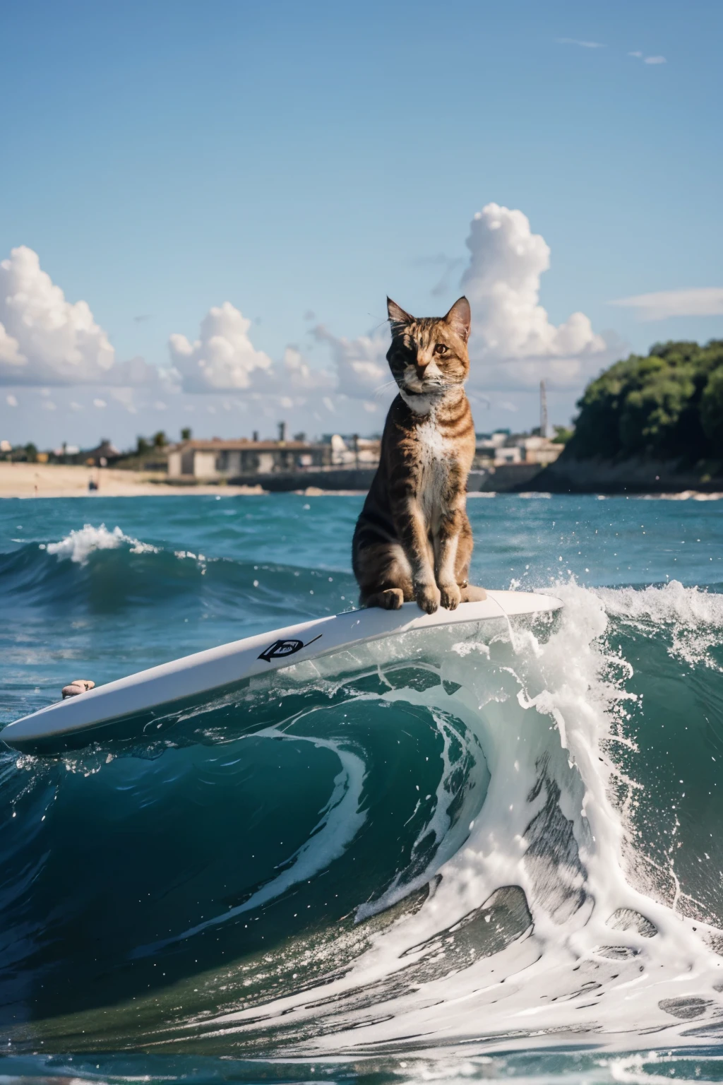 un chat sur un surf avec des vagues