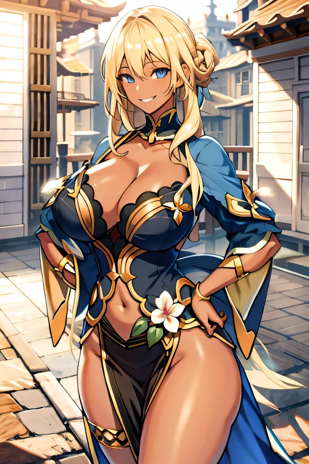 long blonde hair, colored skin, brown skin, blue eyes, solo, smiling, standing, upper body, hips, gigantic breasts, black clothes, cleavage