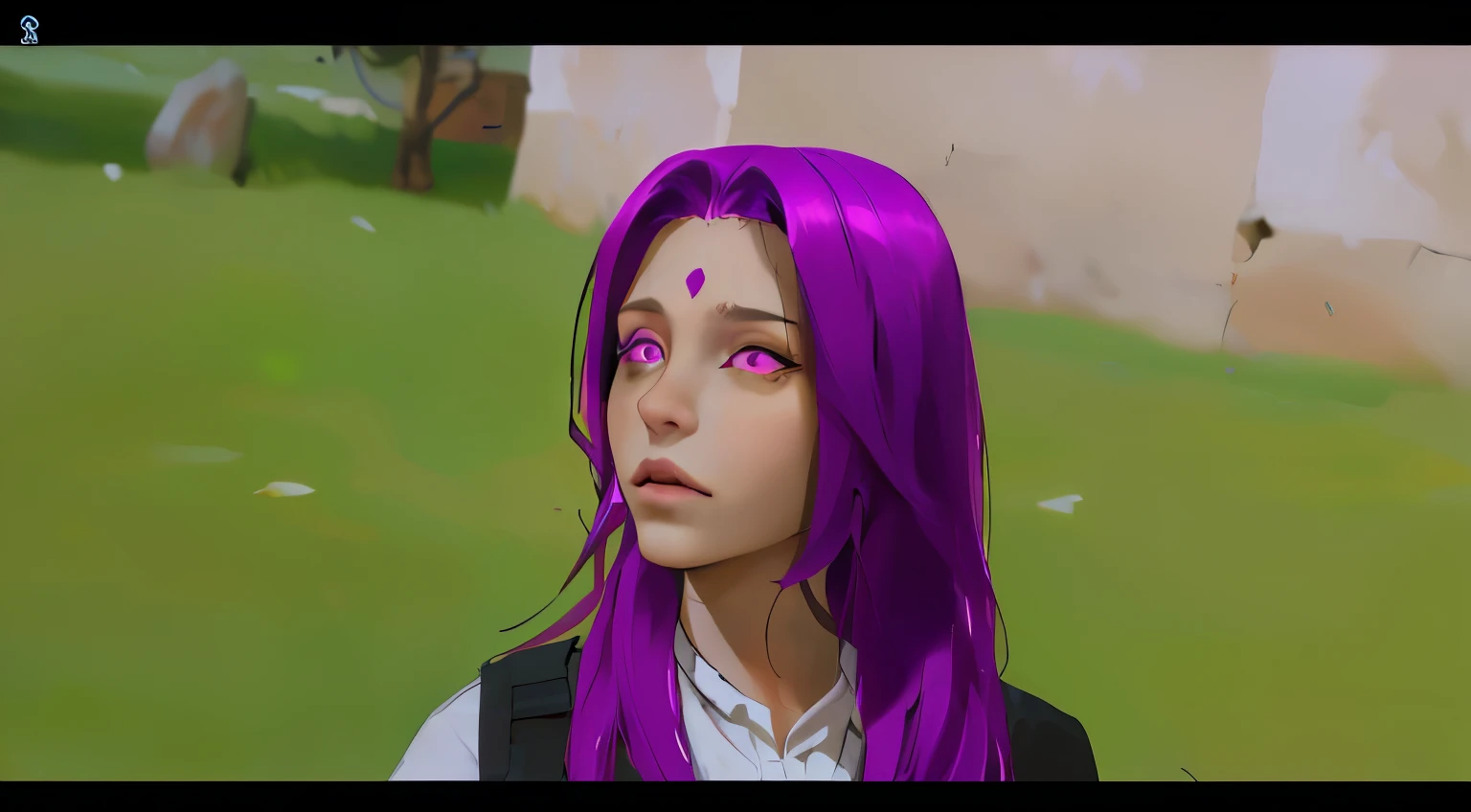 linda chica de cabello morado ojos morados le habla a alguien