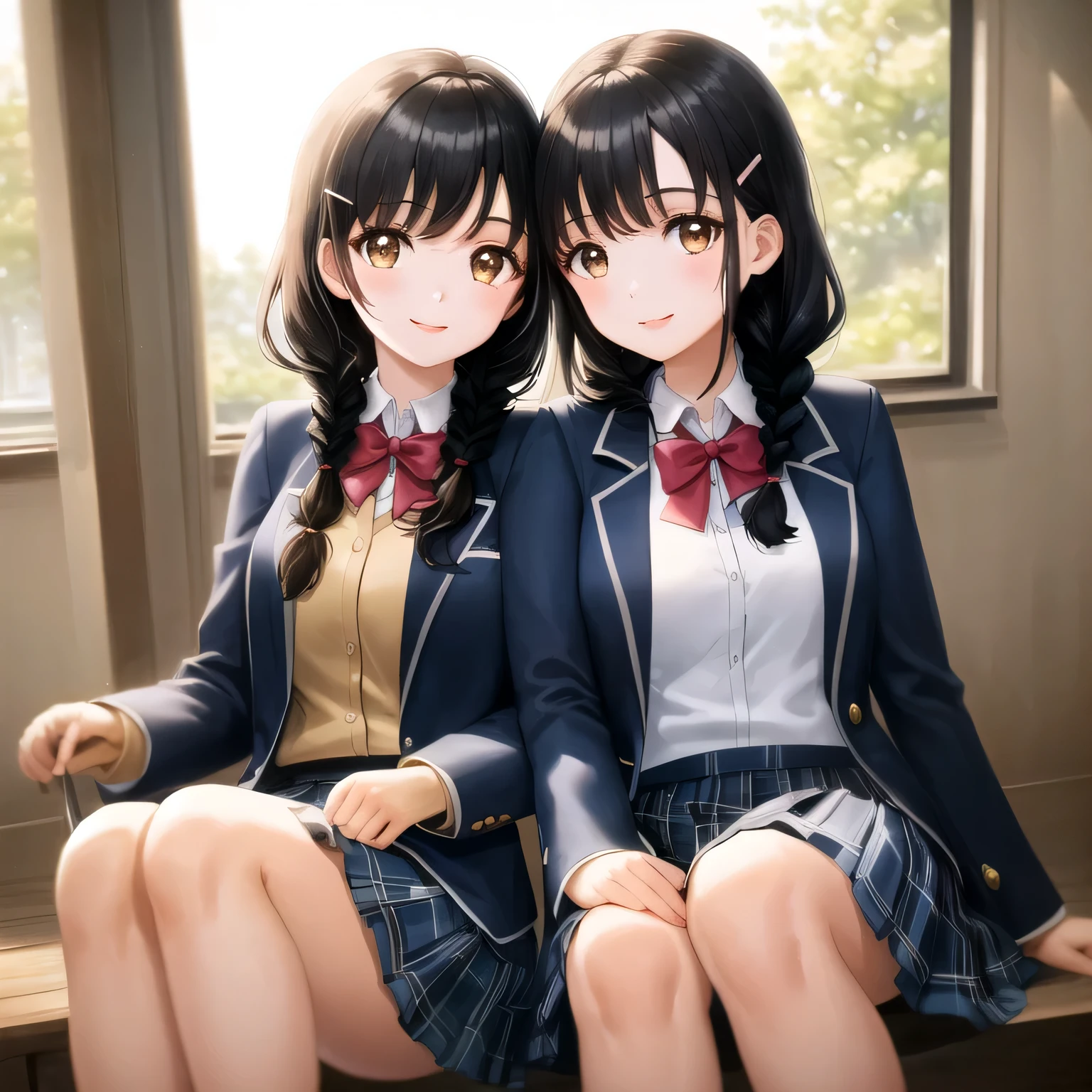 highest quality, (masterpiece:1.2), very detailed, Two girls are sitting around the viewer, Glossy lips that make you want to kiss, nice smile, brown eyes, (((black hair))), 15 years old, long braids, big shiny hair clip, school uniform, Dark blue and navy plaid skirt, middle long skirt, white shirt, A luxurious navy blazer with a golden emblem on the left chest, big red ribbon on the chest, lipstick、very shiny hair、laughter、bright look、The light makes my face and hair shine, The corners of the eyes are drooping, cute braids, I&#39;m so happy I can jump up, The expression of a maiden in love, (((twin braid hair))), The skirt fabric has a beautiful deep blue checkered pattern., A shy expression staring at the viewer, double eyelid, ((long eyelashes)), ((the knees are hidden by the skirt)), A shy and timid girl