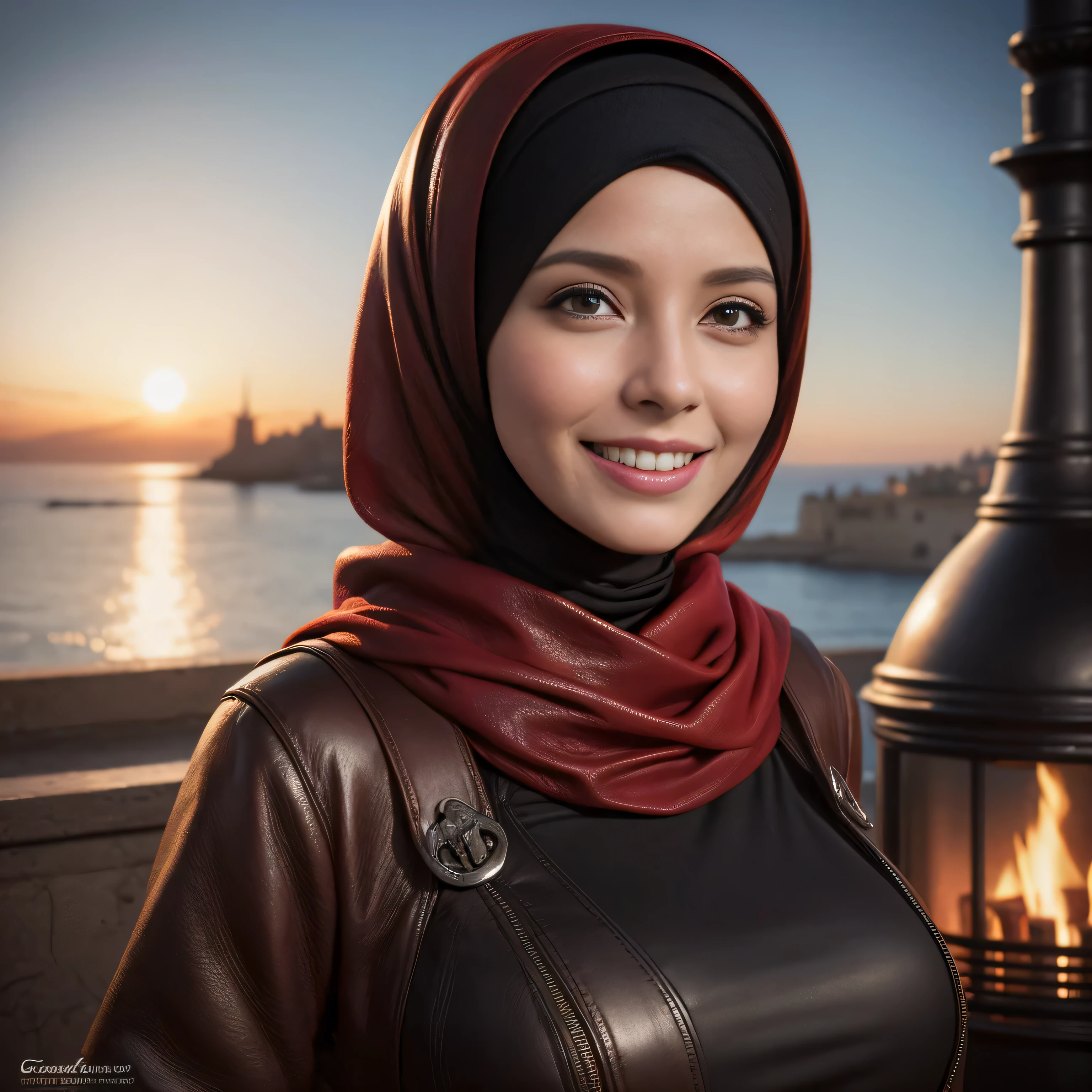 Dee768, portrait, laughing hard, hijab, big breasts, turtleneck, leather red clothes, Tangier, fireplace, detailed eyes, photography, trending on artstation, sharpness, studio photography, intricate details, highly detailed, Tangier in background, by Greg Rutkowski
