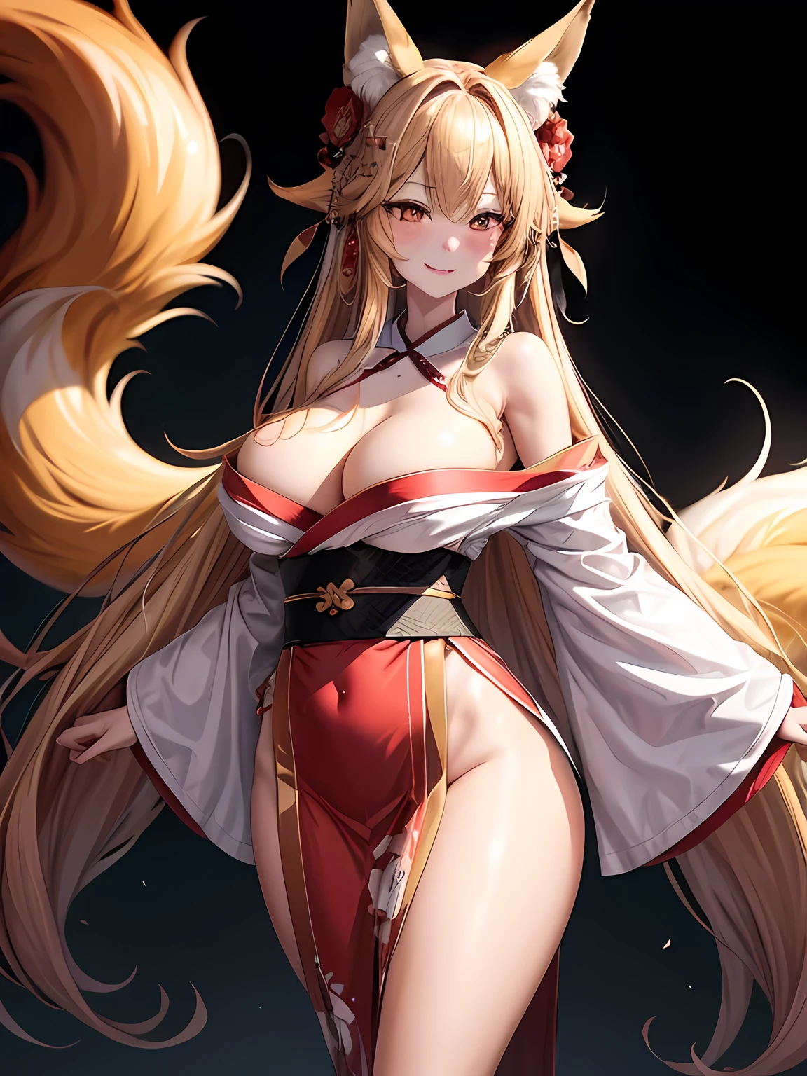 1 girl, long golden hair, fox ears, only fox ears, crimson eyes, extremly detailed, blushing, (face perfect:1.1), (high detal:1.1), top-quality, huge breasts, sexy and seductive, wearing red and white erotic kimono kimono, tall women, long flufy nine fox tails, multiple tails, thicc thighs, wide hips, smile, horny, absurdes, high res, ultra sharp, 8k, masterpiece, looking at viewer