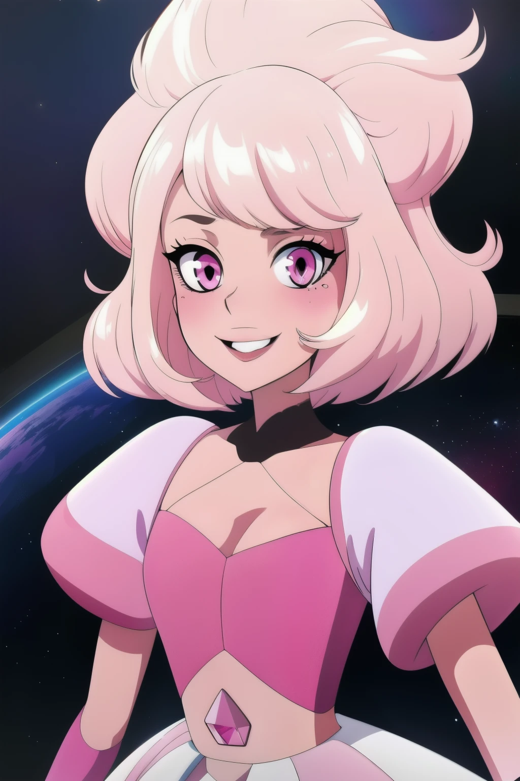 pnkdamond, pink hair, pink eyes,  big hair,  stomach gem,  pink skin,  toned, 
puffy short sleeves, elbow gloves ,  white thighhighs,   puffy dress, 
standing, upper body, 
 outerspace,  
(insanely detailed, beautiful detailed face,beautiful detailed eyes, masterpiece, best quality) cinematic lighting,  smile, 
 