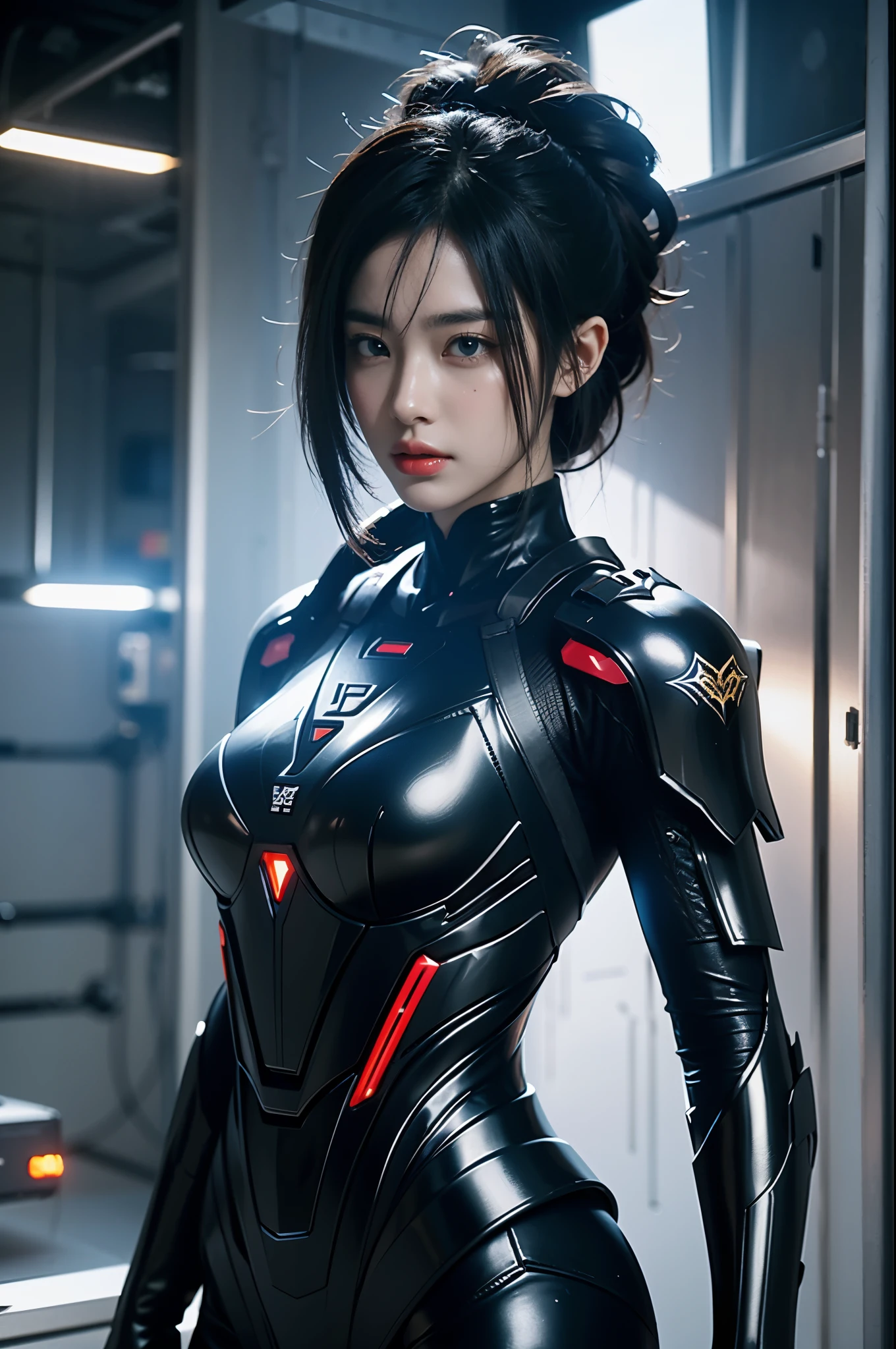 game art，best picture quality，Highest resolution，8k，((A half-length photo))，((portrait))，(rule of thirds)，Unreal Engine 5 rendering works， (Future girl)，(female warrior)， 22-year-old young hacker)，(ancient oriental hairstyle)，(Beautiful eyes full of details)，(big breasts)，(eye shadow)，Elegant and charming，indifferent，((frown))，(Combat suit full of futuristic technology，The costume combines futuristic power armor and，Clothing is decorated with glittering patterns and emblems)，cyberpunk characters，in the style of futuristic， photo poses，city background，lamp，Ray tracing，Game CG，((3D Unreal Engine))，OC rendering reflection pattern