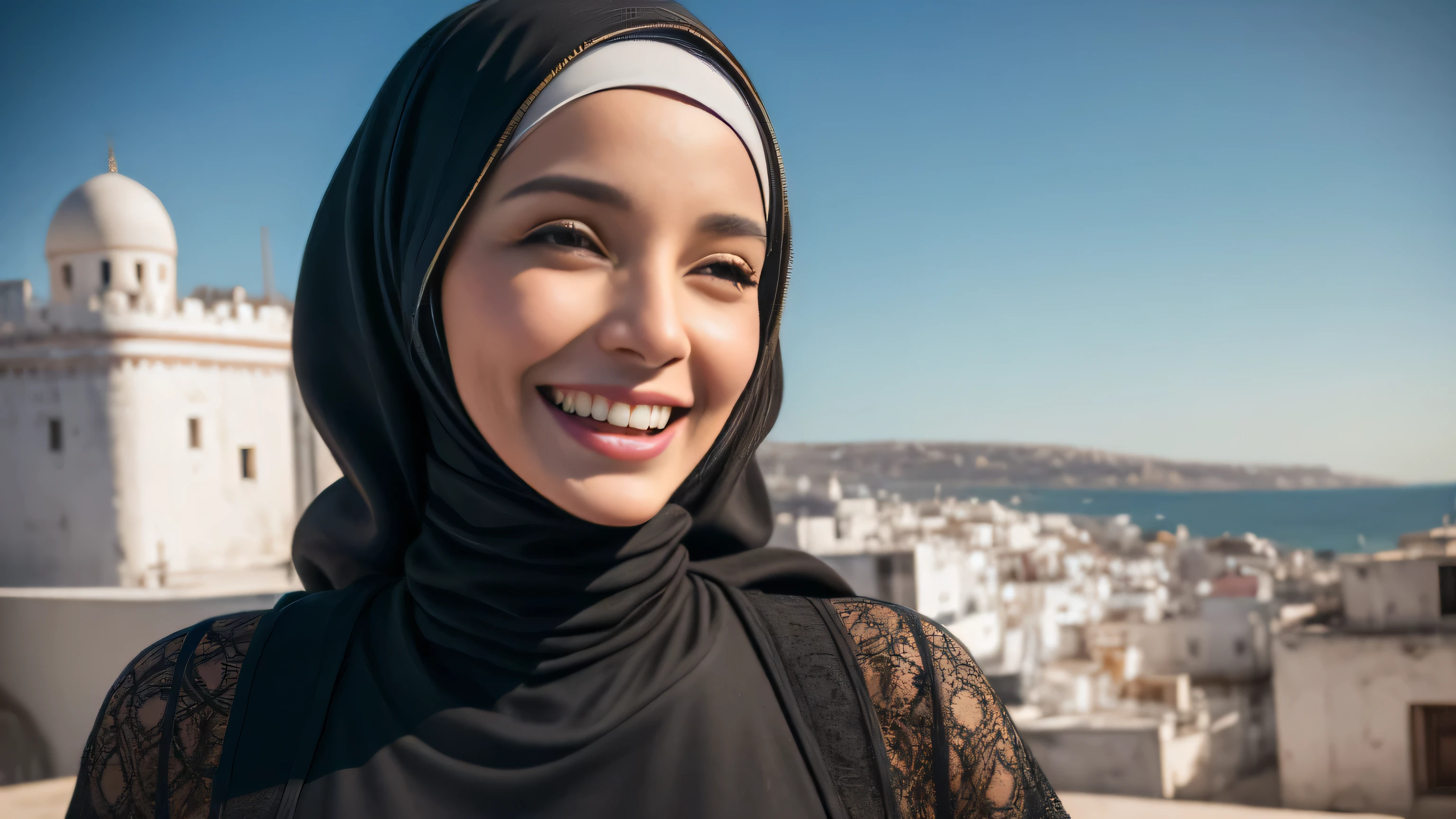 Dee768, portrait, laughing hard, hijab, big breasts, turtleneck, leather colorful clothes, Tangier, living room, detailed eyes, photography, trending on artstation, sharpness, studio photography, intricate details, highly detailed, Tangier in background, by Greg Rutkowski

