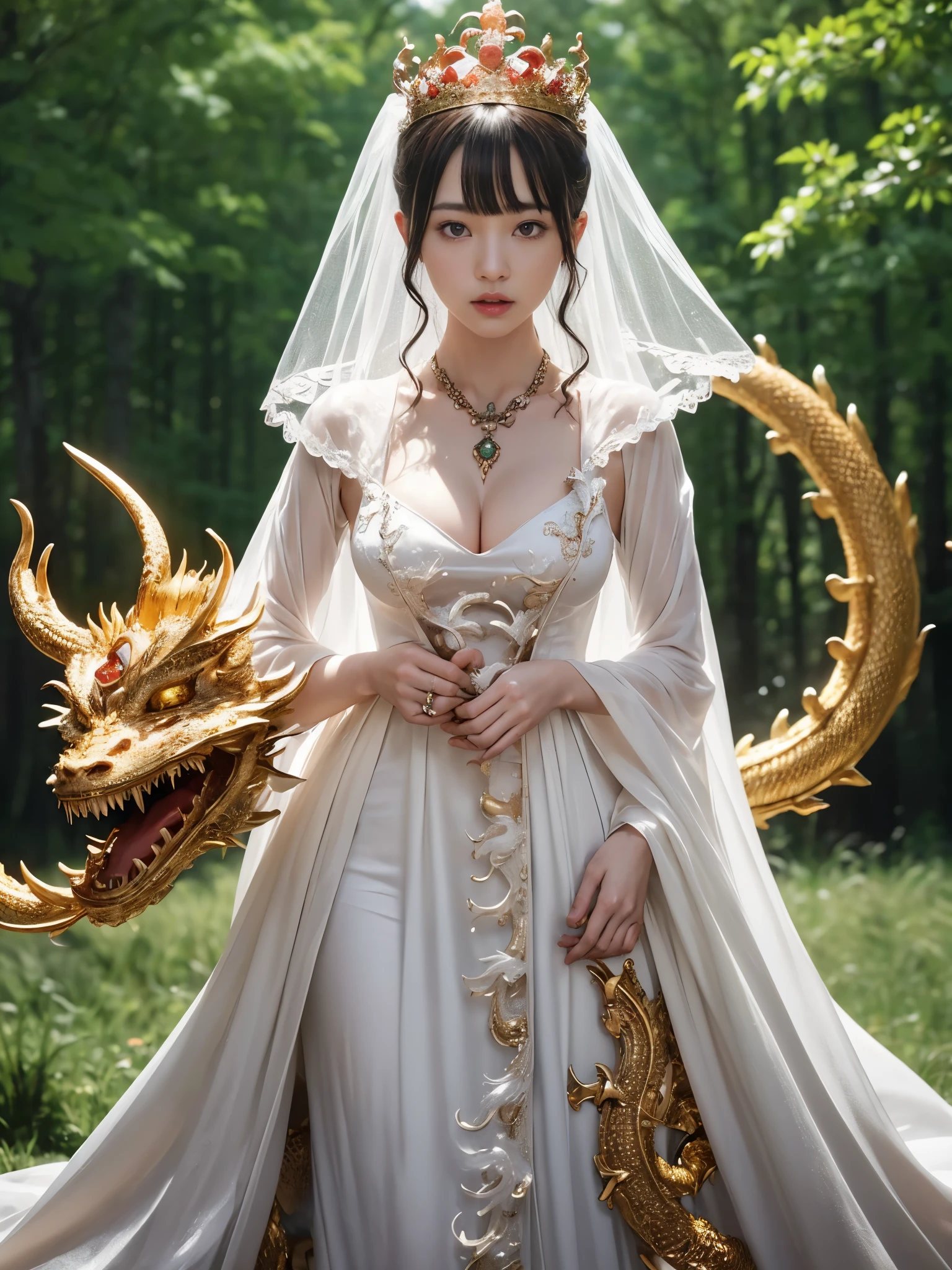 (((super weight milk)))、(A fierce battle with the dragon)、highest quality、masterpiece、ultra high resolution、(白Dragon Armor)、Dragon Armor、(wears a beautiful crown made of precious stones)、(Photoreal:1.4)、Raw photo、1 girl、golden hair、glowing skin、(((chinese dragon)))、（Expression like a gorgeous jewelry necklace）、（Fight against big dragons）、with a beautiful knife、（white metal bodysuit）、(beautiful forest background)、sheer cliff、(Small LED)、((Super realistic details))、Portrait、global illumination、shadow、octane rendering、8K、super vivid、big breasts、Raw skin exposed in cleavage、Metal、intricate ornamental details、japanese details、yellow eyes、shining eyes、facing the camera、neon detail mechanical limbs）、（Blood vessels connected to the ductechanical vertebrae attached to the back、mechanical cervical vertebrae）Worn on the neck、(Wires or cables connected to the head)、Mechanical thigh、two stock、(Hands are also machine made)、(veil)、Very heavy chest、