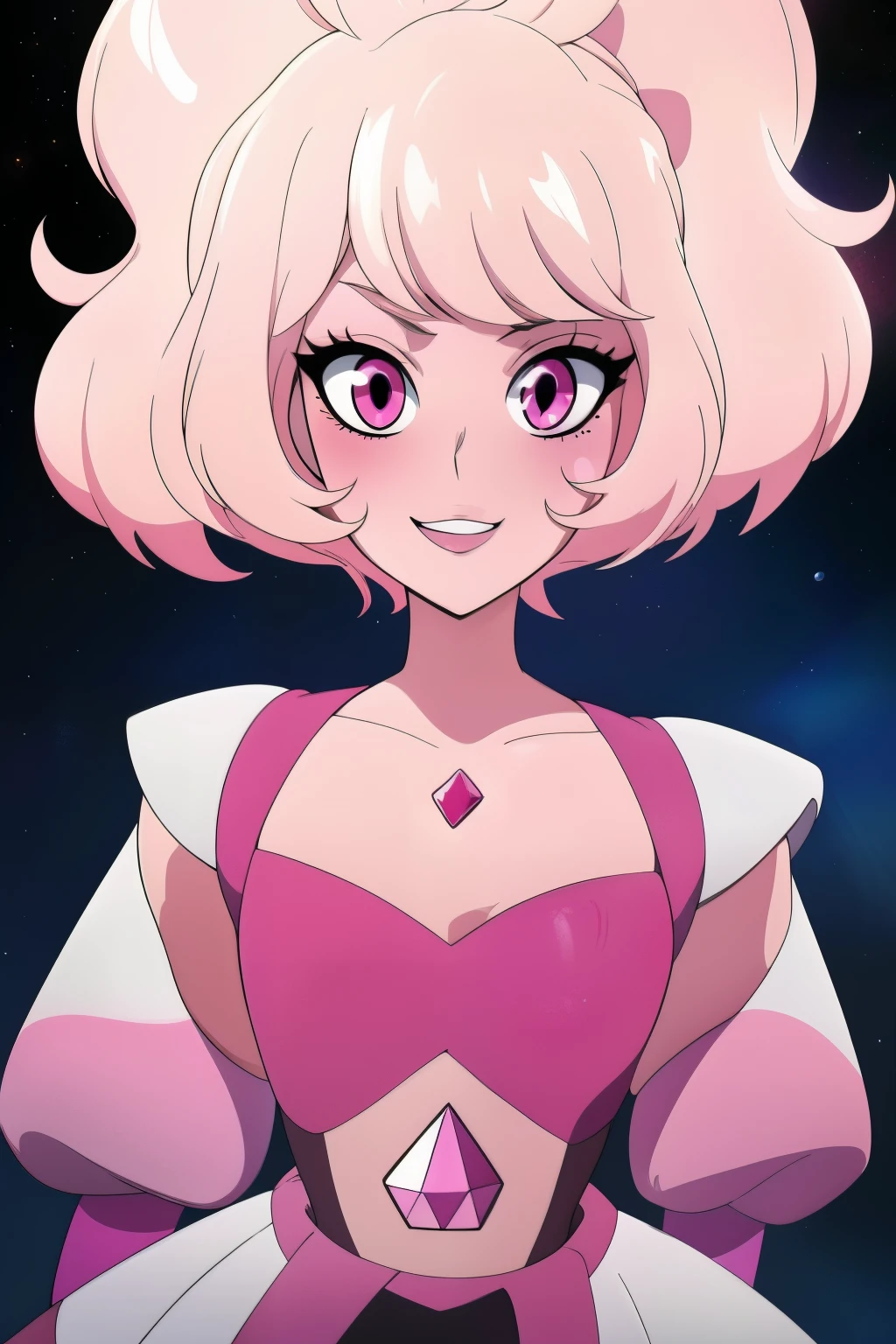 pnkdamond, pink hair, pink eyes,  big hair,  stomach gem,  pink skin,  toned, 
puffy short sleeves, elbow gloves ,  white thighhighs,   puffy dress, 
standing, upper body, 
 outerspace,  
(insanely detailed, beautiful detailed face,beautiful detailed eyes, masterpiece, best quality) cinematic lighting,  smile, 
 