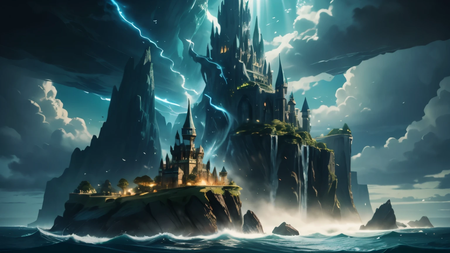 A chaotic ocean where magical medieval ships with several masts battle, cannons firing with flames erupting. Above them, a gigantic magical rock, surrounded by shimmering magical rays in bluish-green hues, floats in the distance. The rock, flat on the ocean side and disk-shaped, is topped with a large defensive castle with very tall, spire-like towers. A waterfall cascades from the rock's base to the ocean, with streams of water falling from its edges. The scene suggests the rock has just risen from the ocean depths, now suspended high in the air against a blue sky, dripping with water.