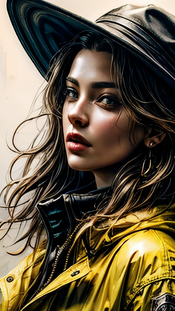 arafed image of a woman with a yellow raincoat and black hat, realistic digital painting, ultra realistic digital painting, photorealistic digital painting, gorgeous digital painting, digital painting style, realistic digital art 4 k, realistic digital art 4k, great digital art with details, stunning digital painting, stunning digital illustration, photorealistic digital arts, realistic digital art