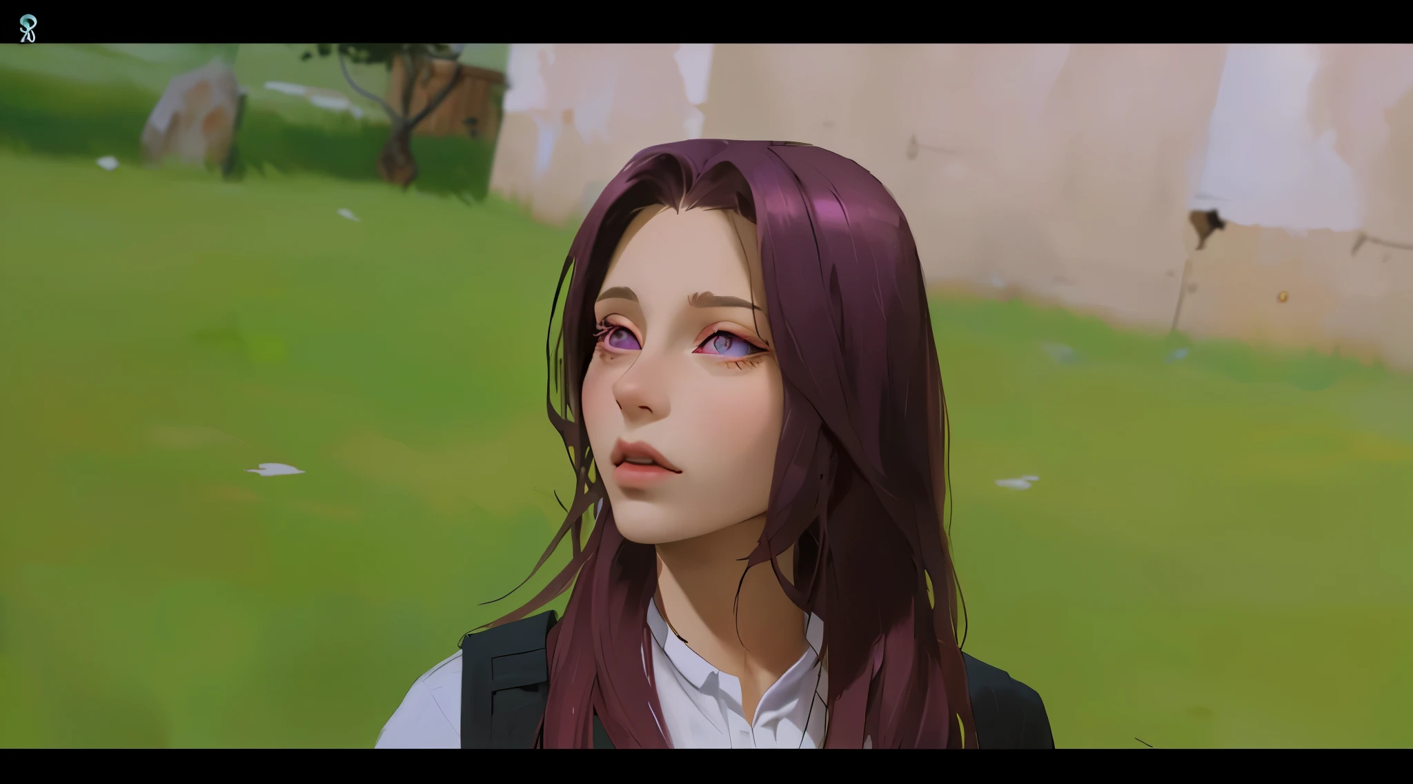 linda chica de cabello morado ojos morados le habla a alguien
