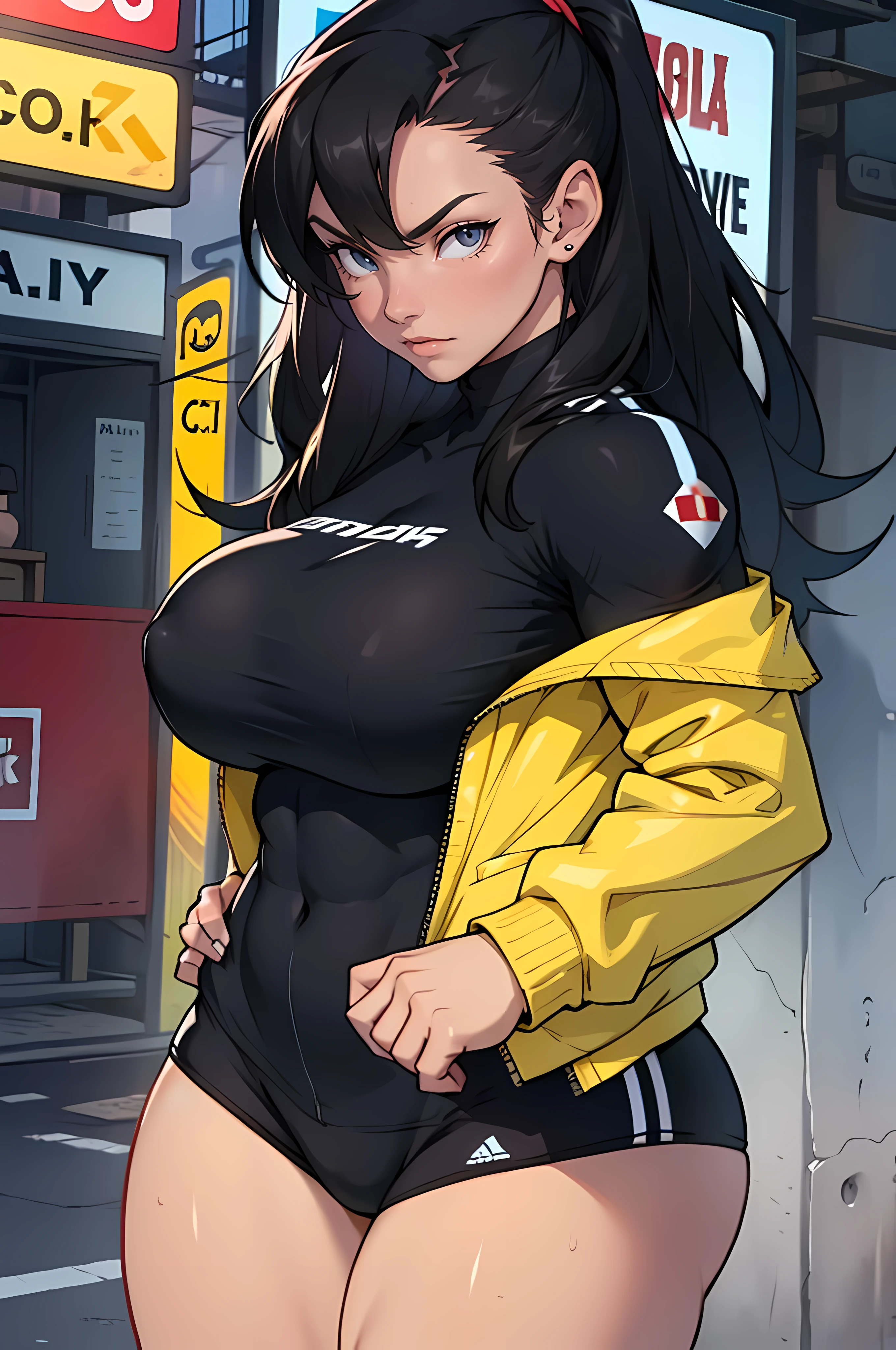 girl huge breasts bodybuilder muscular toned body pale skin black hair very long hair yellow eyes angry blushing embarrassed thick thighs