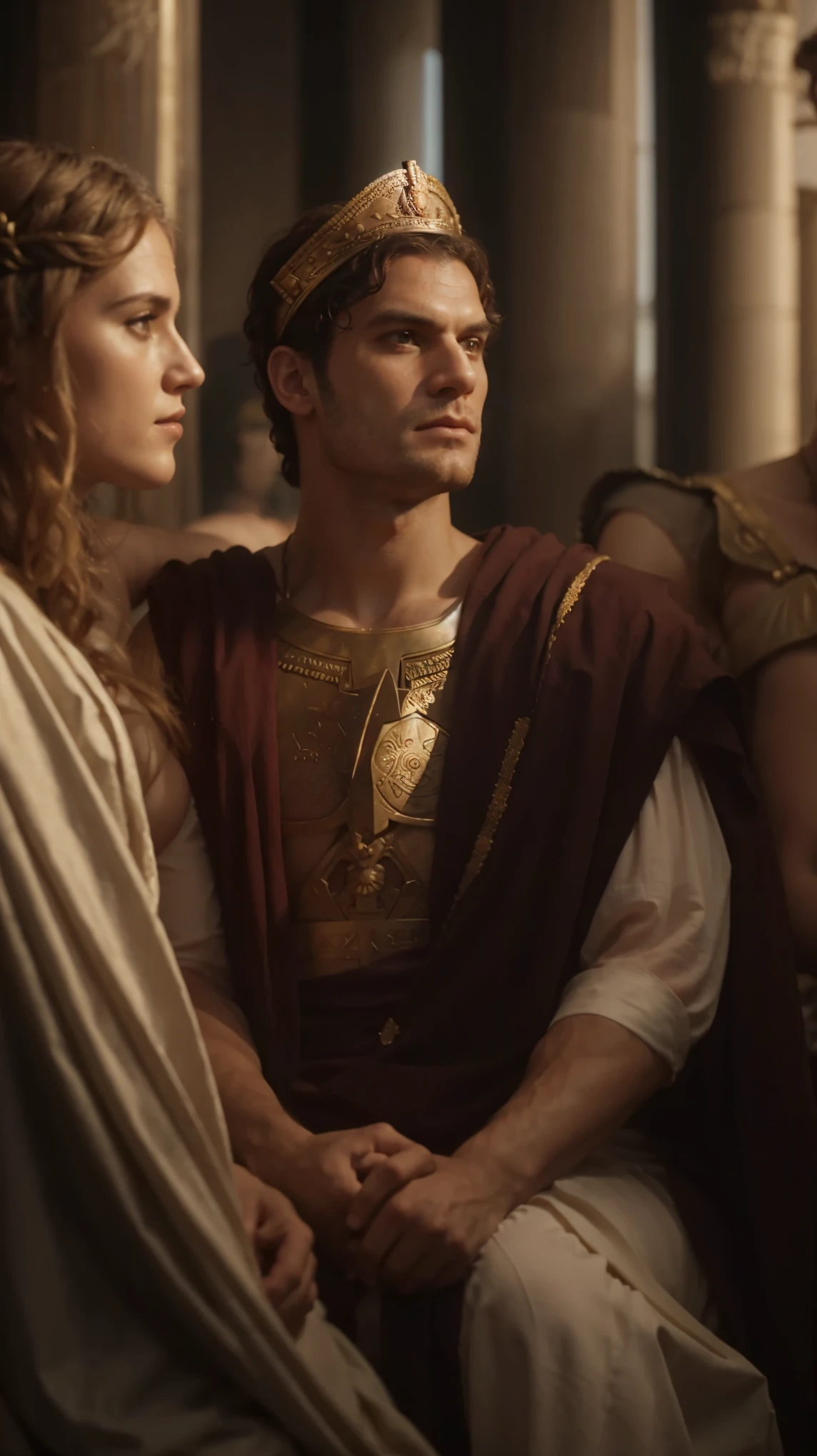 a man and woman dressed in roman clothing sitting next to each other, henry cavill as a greek god, dressed in roman clothes, 8 k movie still, roman emperor, inspired by Caesar van Everdingen, inspired by Titus Lunter, movie still 8 k, ledmund leighton, henry cavill is a greek god, inspired by Roman Bezpalkiv