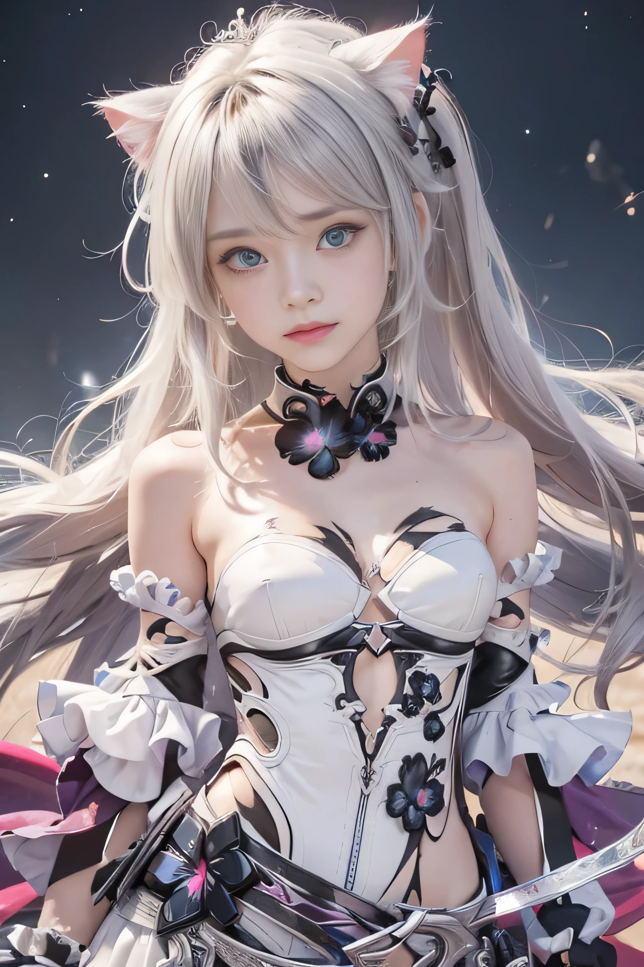 Realistic,masterpiece, best quality, (realistic,photo-realistic:1.4), (RAW photo:1.2),extremely detailed CG unity 8k wallpaper, delicate and beautiful, amazing,finely detail, official art, absurdres, incredibly absurdres, huge filesize, ultra-detailed,extremely detailed eyes and face, light on face,sinon,little smile,(multicolored hair:1.3),long hair,(wearing torn clothes:1.4),(medium breast:3,milky-way background,ponytail,blue eyes,wearing black crown,kiana herrscher of finality,black flower,(cat ears:1.4)