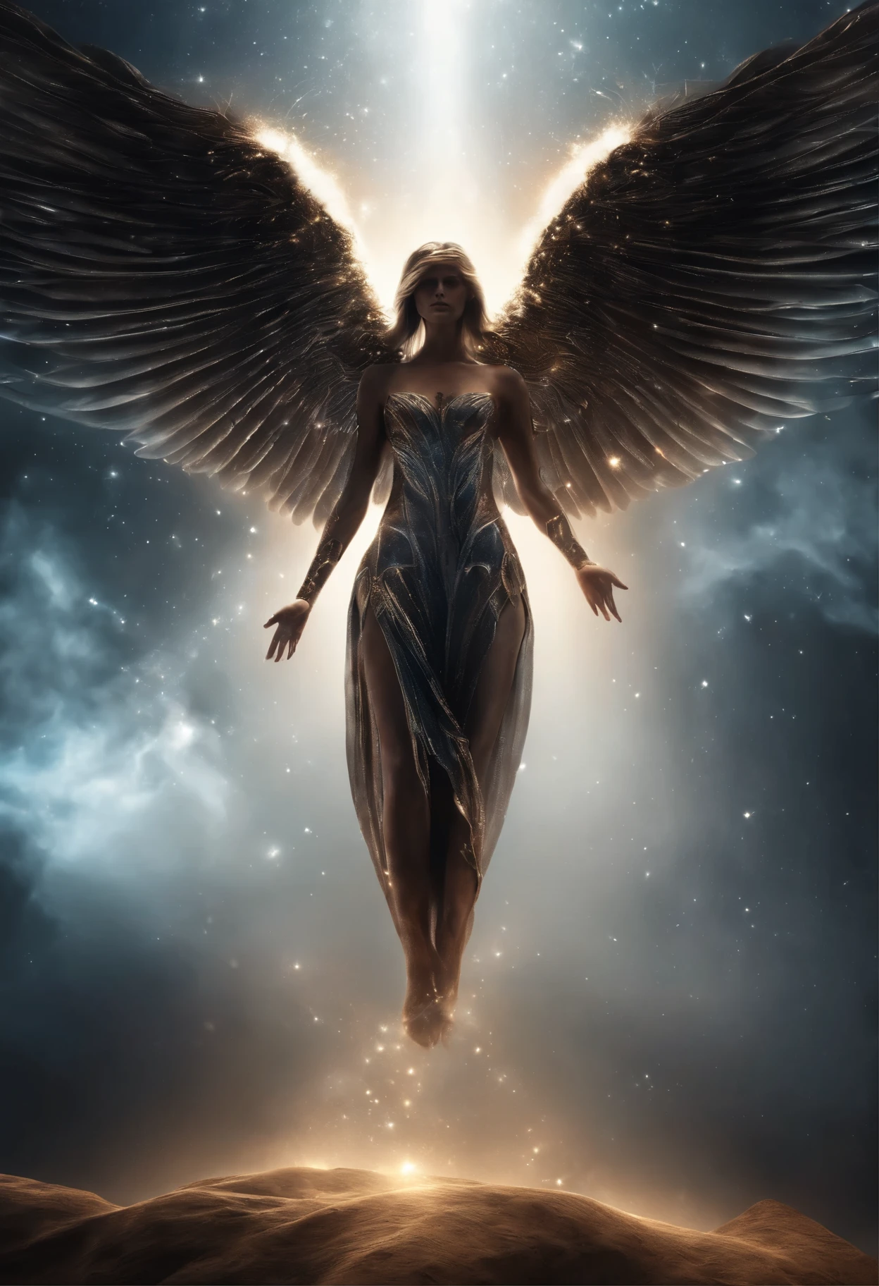cosmic fallen angel, olhos claros brilhantes, Biomechanics, estranho, Repugnante, de pesadelo, Cores muito brilhantes, light particles, com luz brilhando, Mshiff, arte de papel de parede, Papel de parede UHD