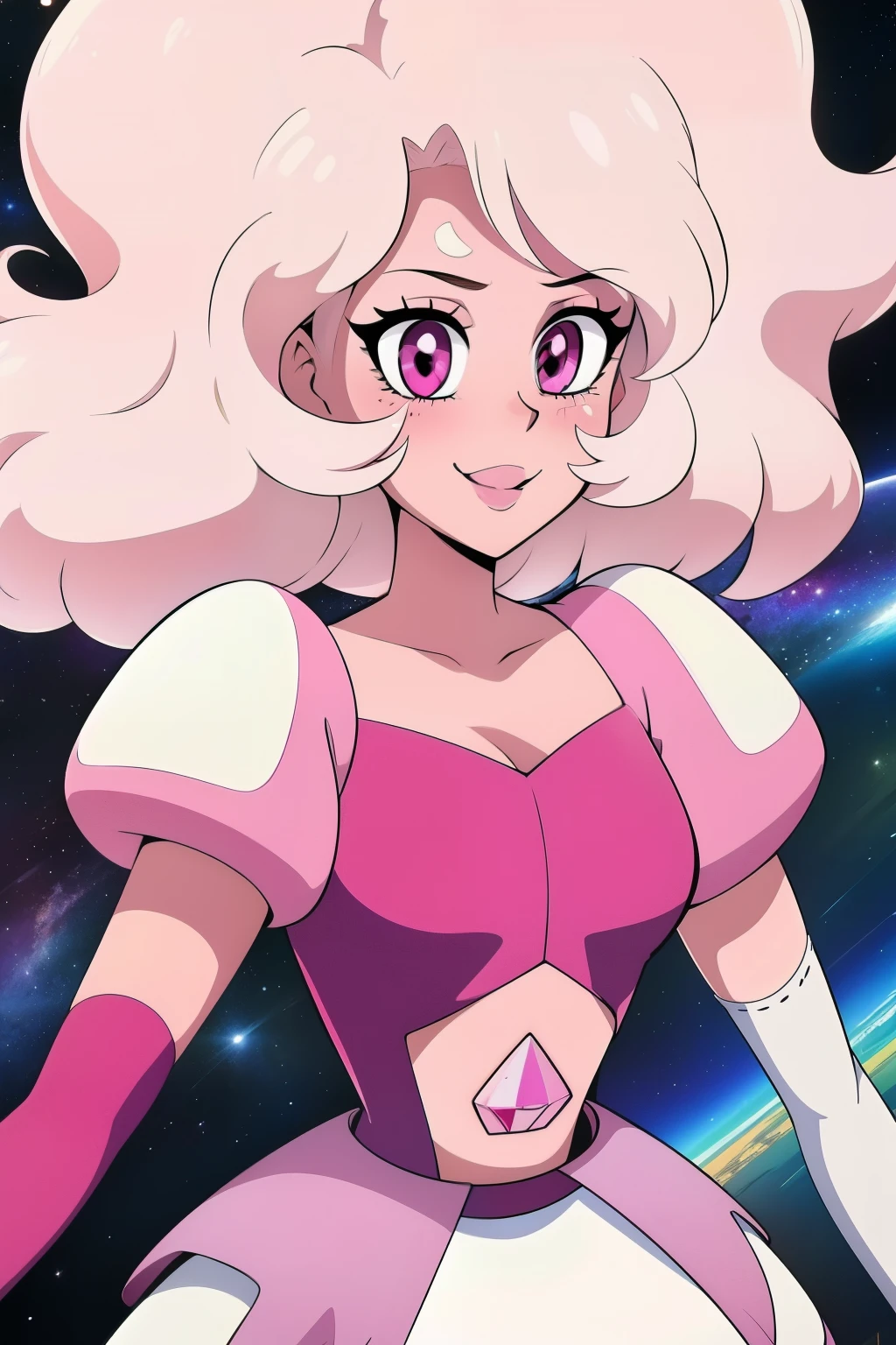 pnkdamond, pink hair, pink eyes,  big hair,  stomach gem,  pink skin,  toned, 
puffy short sleeves, elbow gloves ,  white thighhighs,   puffy dress, 
standing, upper body, 
 outerspace,  
(insanely detailed, beautiful detailed face,beautiful detailed eyes, masterpiece, best quality) cinematic lighting,  smile, 
 