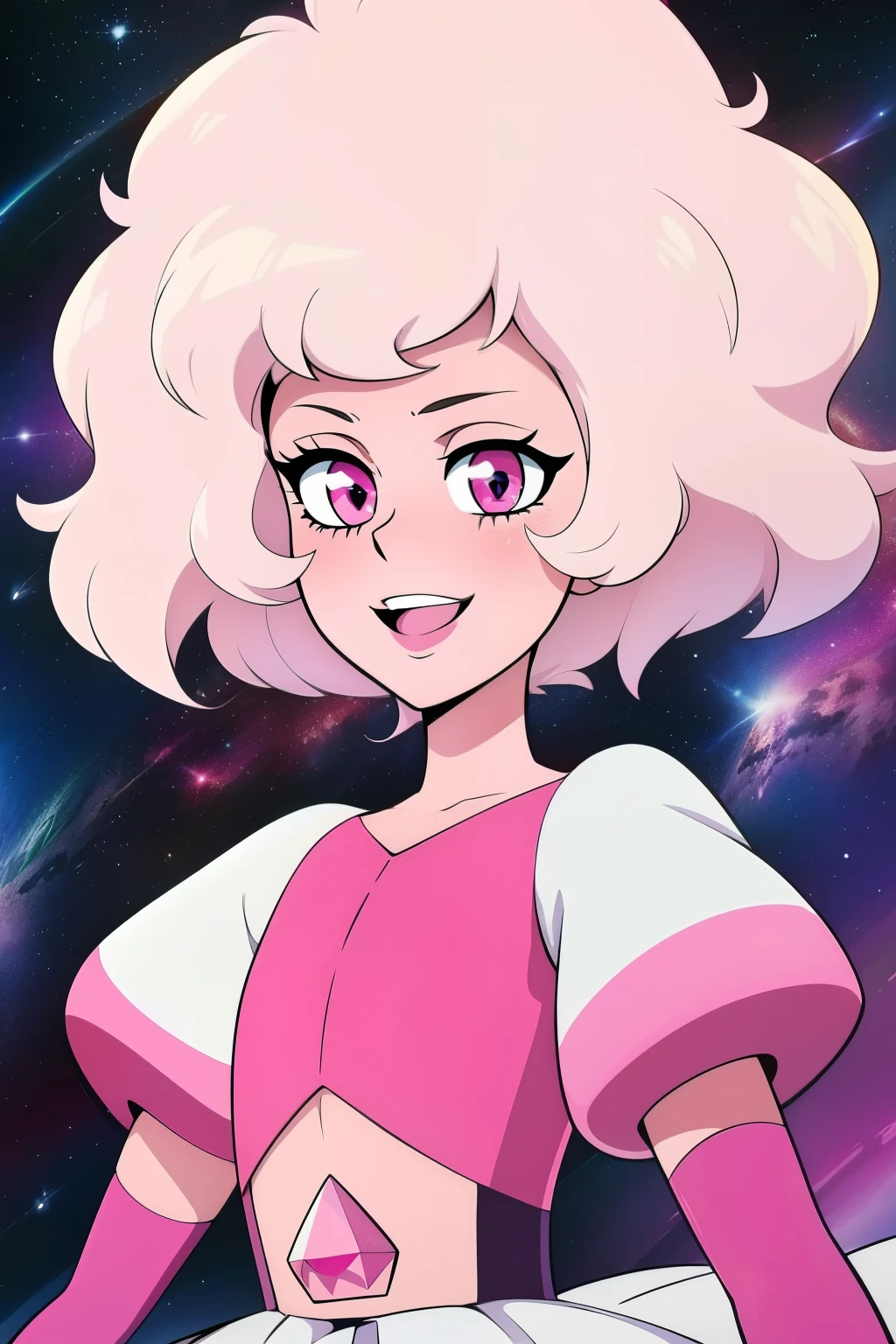 pnkdamond, pink hair, pink eyes,  big hair,  stomach gem,  pink skin,  toned, 
puffy short sleeves, elbow gloves ,  white thighhighs,   puffy dress, 
standing, upper body, 
 outerspace,  
(insanely detailed, beautiful detailed face,beautiful detailed eyes, masterpiece, best quality) cinematic lighting,  smile, 
 