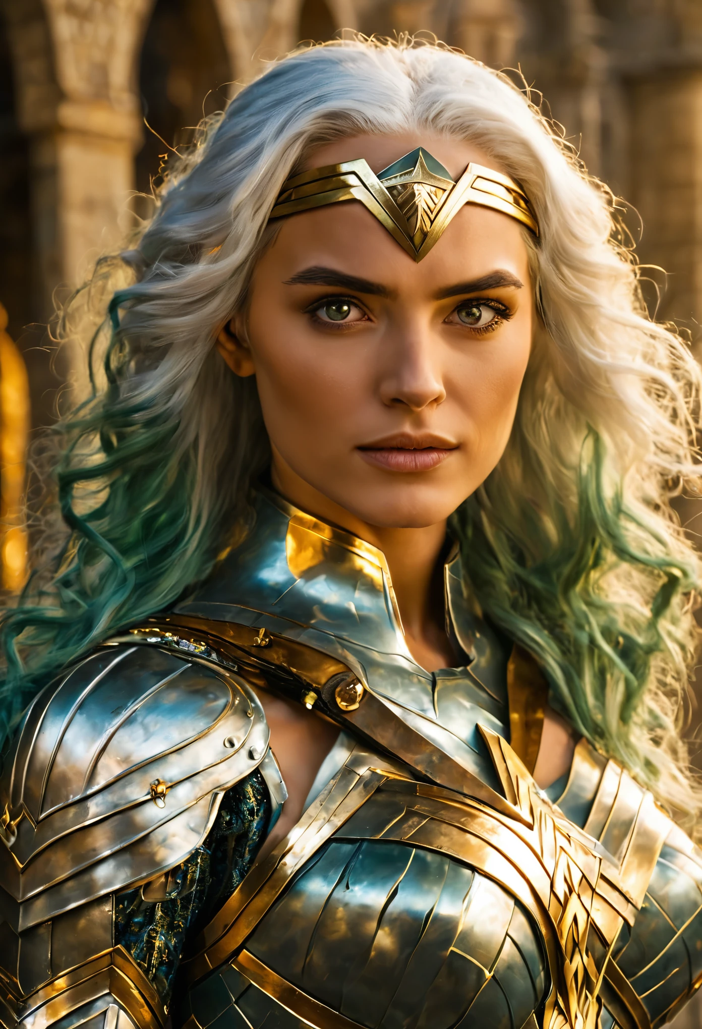 Wonder Woman with green pupils, long bluish white hair, confident expression, wearing beautiful silver armor with golden patterns all over the armor, exuding a dark yellow glow, In the background, a medieval castle
