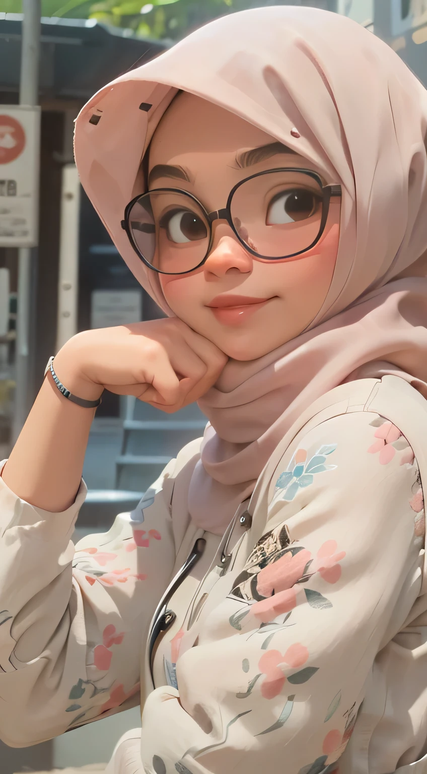 generate picture a beautiful Bandung girl wearing a hijab and dimpled cheeks, smiling teeths, about , (plain pastel pink hijab), (medium shot portrait:1.3), dramatic light, Rembrandt lighting scheme, (hyperrealism:1.2), (8K UHD:1.2) , ( photorealistic:1.2), shot with a Canon EOS 5D Mark IV, facial detail, skin texture detail. walking relax in tarkin rainforest while a few ceratosauruses walking beside her