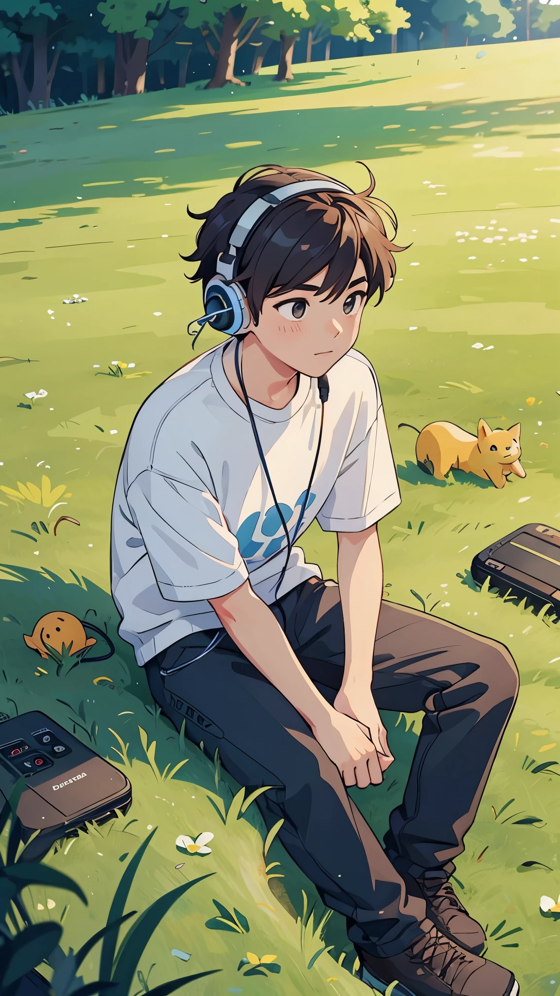 A 20 years old boy listening music wearing headphones, sitting in the side of the grass field. Anime style