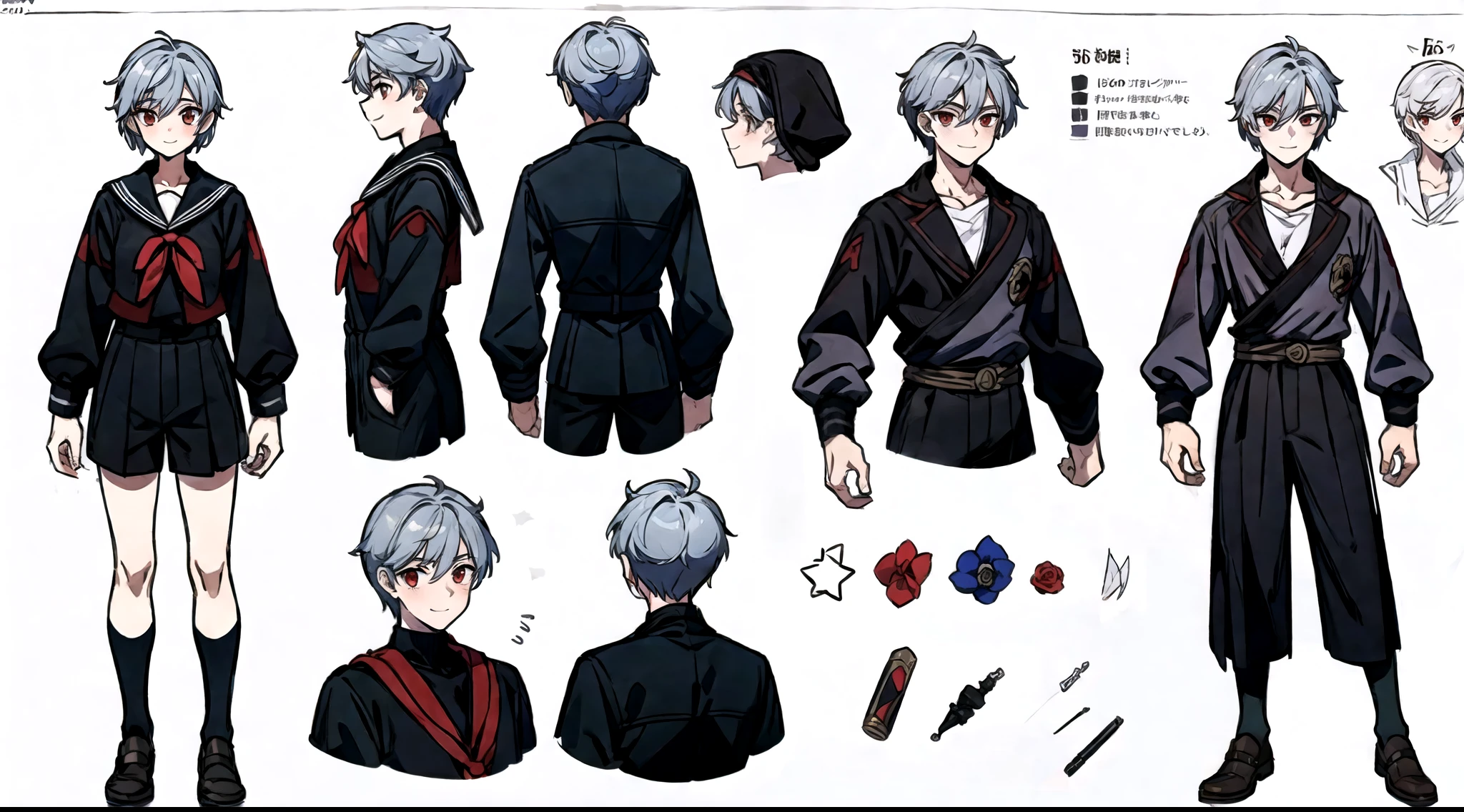 ((masterpiece)),(((highest quality))),(character design sheet,same character,front,~ side,return), 1 boy, alone, short gray hair, red eyes, masterpiece, highest quality, Look around, whole body, Height: 150cm, be familiar with, smile, Black sailor suit and shorts, Red roses as accessories, Shalltan Betalola, concept art, character concept art, character sketch, Reference sheet, character sheet, (simple returnground, white returnground: 1.3)