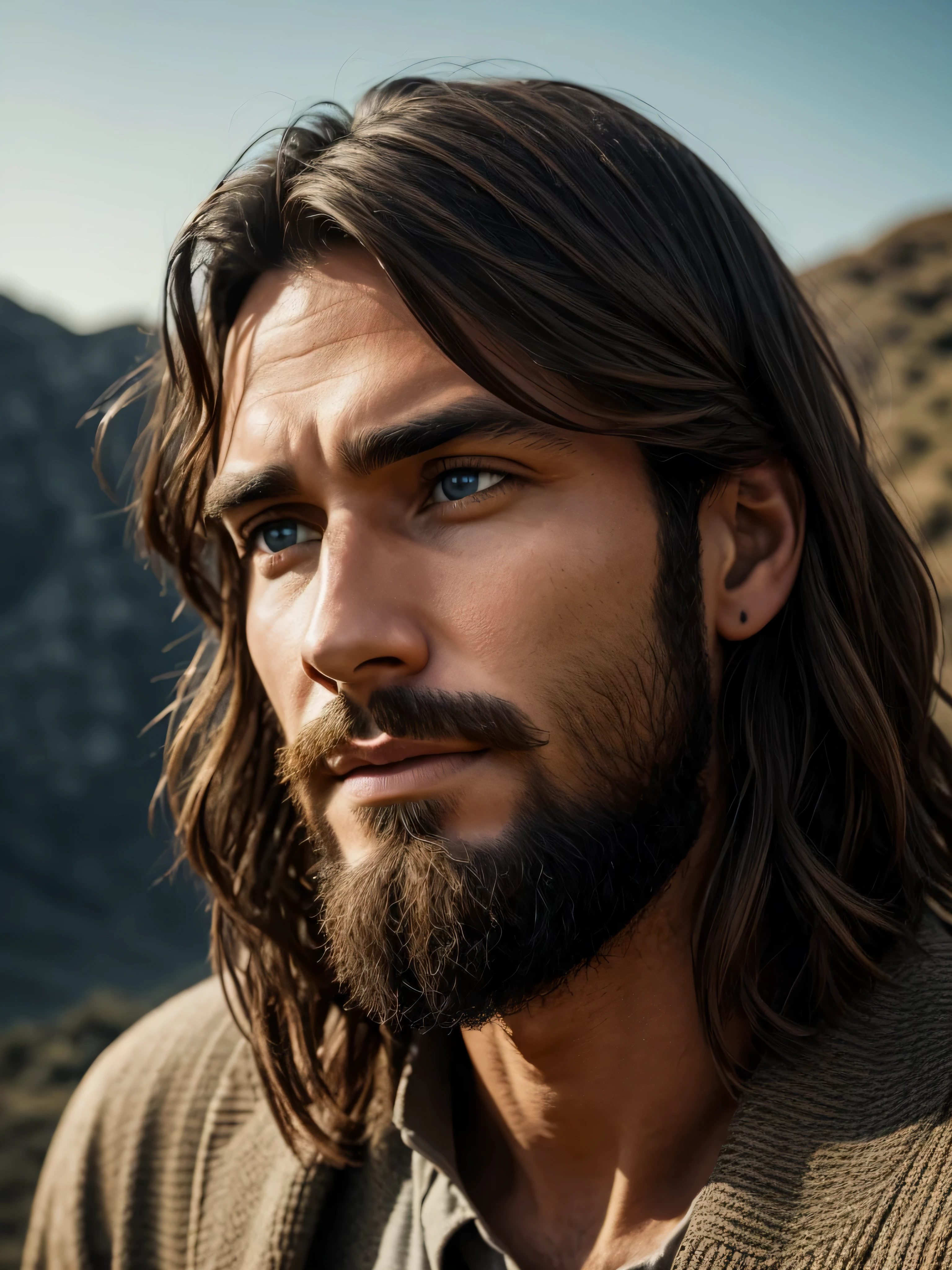 The face of Jesus in profile, with the countenance of a wise man, with blue eyes, on a dark background, dramatic light, photorealistic image, photo, 8k, realism