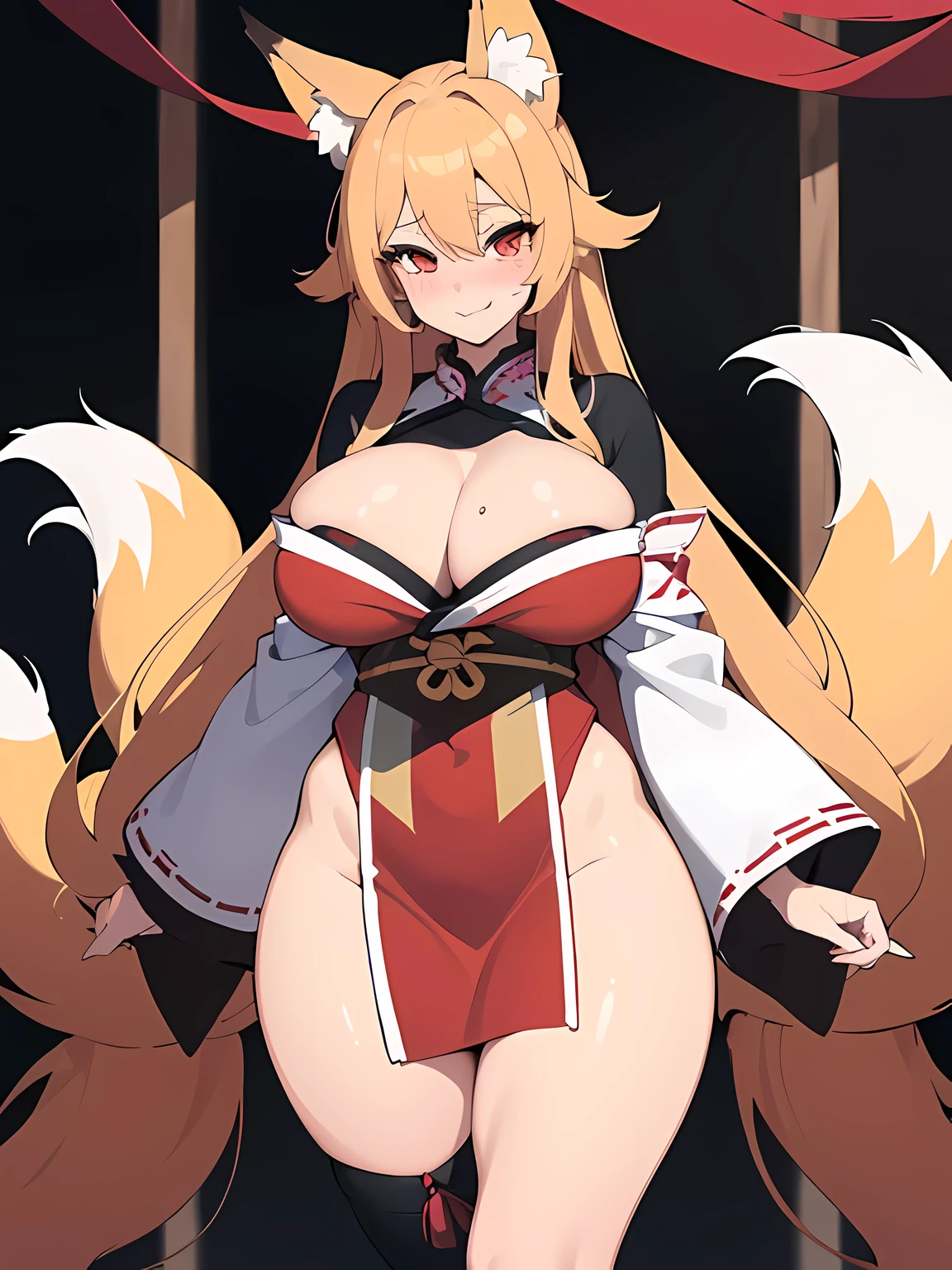 1 girl, long golden hair, fox ears, only fox ears, crimson eyes, extremly detailed, blushing, (face perfect:1.1), (high detal:1.1), top-quality, huge breasts, sexy and seductive, wearing red and white erotic kimono kimono, tall women, long flufy nine fox tails, multiple tails, thicc thighs, wide hips, smile, horny, absurdes, high res, ultra sharp, 8k, masterpiece, looking at viewer