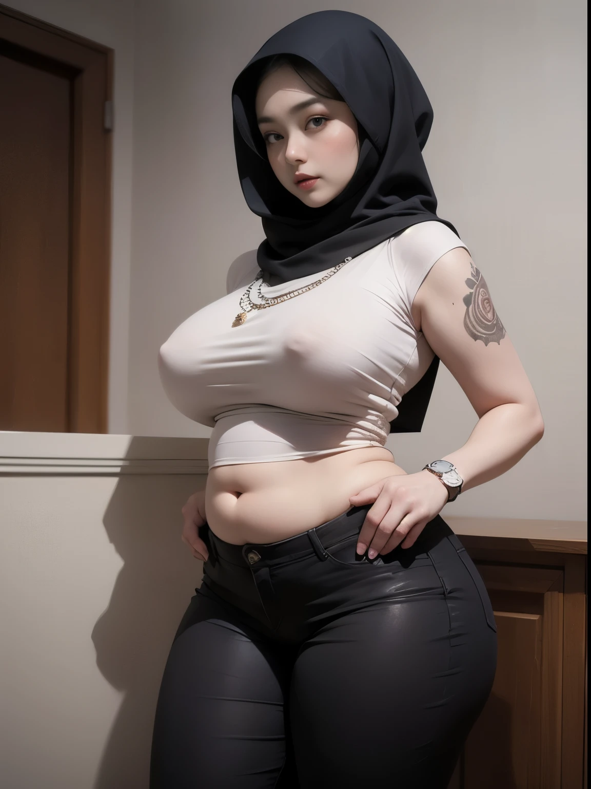 ((best quality)), ((masterpiece)), (detailed), perfect face, araffe woman thick and thight long pants posing for a picture, curvy model,, curvy hourglass figure, sexy longest hand t-shirt, thicc, beautiful full body shot, soft curvy shape, in a longest hand t-shirt, a beautiful woman open legs , bbwchan, hairy vagina, armpits, there is a old woman posing in a dark room with a maroon burka clothes , 43 years old, thick body, beautiful thick female, wide hips, thick legs, she has a jiggly fat round belly, thick thighs, curvy hourglass figure, thicc, curvy model, widest hips, hyperrealistic full figure, bbwchan, voluptuous body, thick, tattooed body, tattooed hands, hena on arm, hena in belly, Burka girl, muslim clothes, 43 years old woman. Burka chubby woman, chubby cheeks, wearing a sneakers, bob hairstyle, thick neck, short neck, there is a woman random pose red-brown hijab, bbwchan, thicc, brown hijab outfit, brown hijab fashion model, korean girl, korean woman, wearing brown robe, full length shot, alluring plus sized model, japanese goddess, clothed in hooded, voluptuous and arousing, portrait shot, curvy model, voluptuous body, wonderful, nene tanaka body , bbwchan, The overall atmosphere is smooth , haunting illustrations, extremely high-resolution details, photographic, realism pushed to extreme, fine texture, 4k, ultra-detailed, high quality, high contrast, red sneakers , cold atmosphere ,, 8k resolution , ultra-detailed resolution , wearing shorts thight pants, random pose with full body , full body, diamond necklace , wearing a watch 