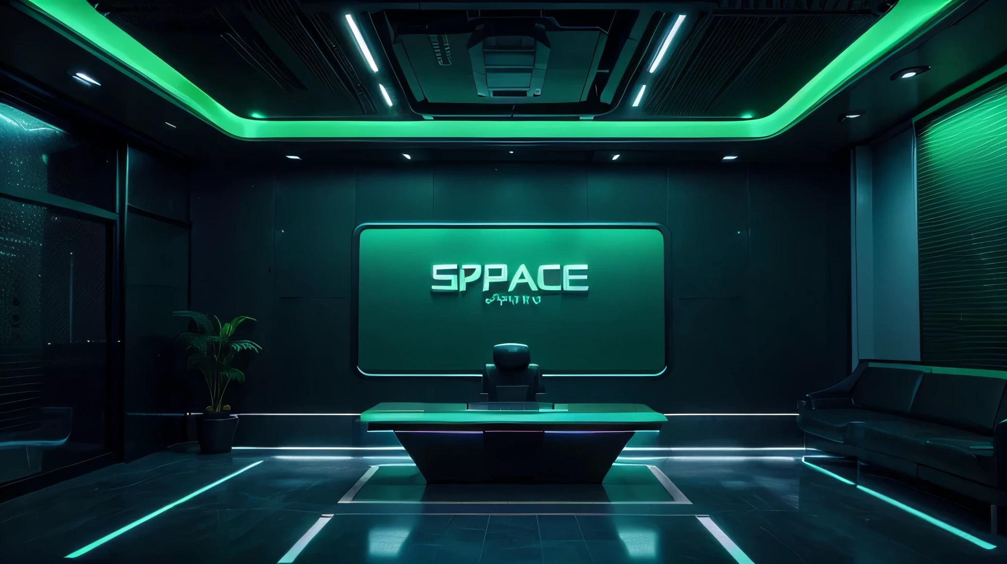 make a photo background that looks like a zoom background image or green screen backdrop of a high tech office for a company called 'gospace', include synthwave style architecture like blade runner, have a 'gospace' company logo on the wall