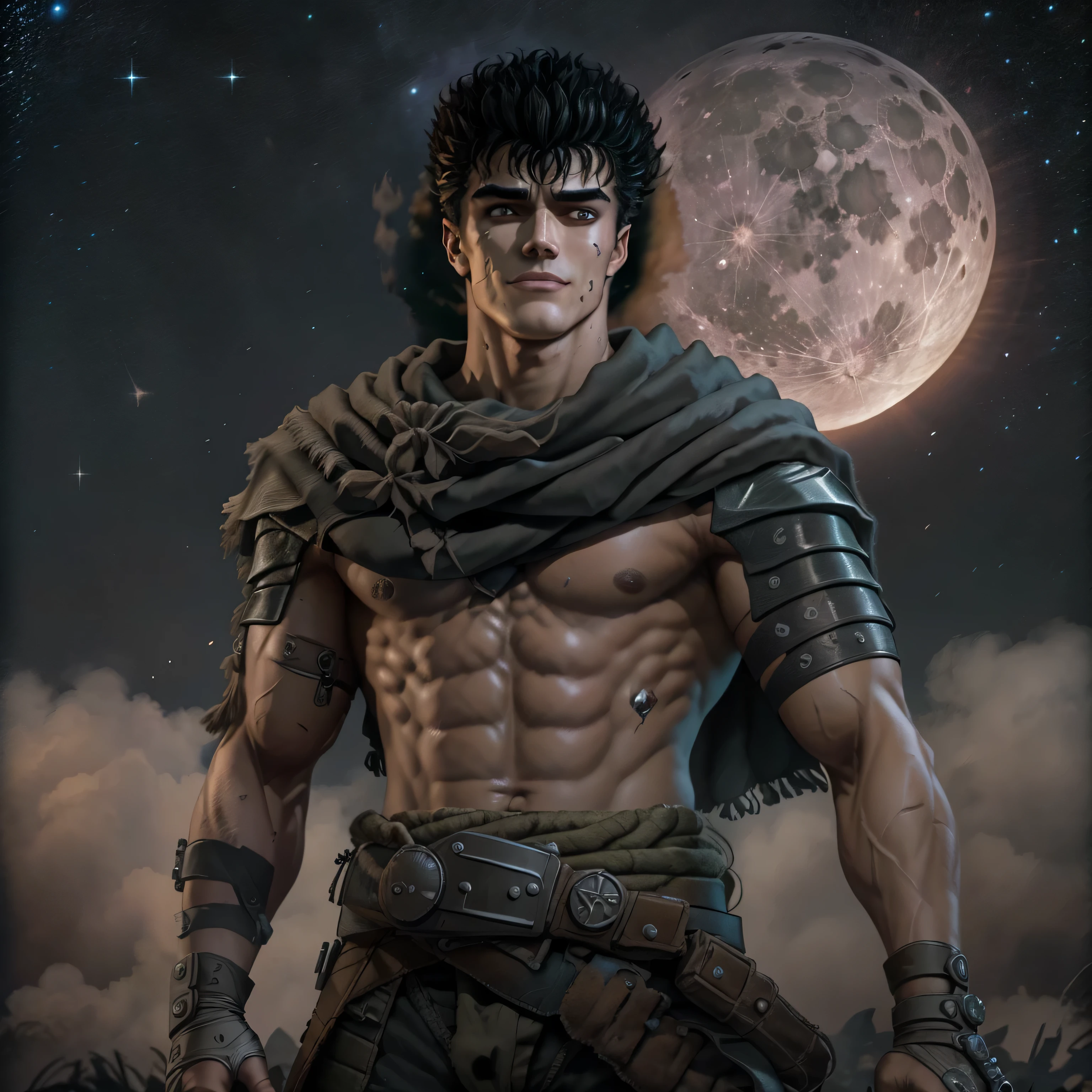 full body image of guts \(berserk\), 1boy, massive black hair, smiling, teeth, closed mouth, looking at viewer, male focus, fantasy background, scar on face, scar on nose, scarf, short hair, solo, muscular upper body, weapon on back, moon, clear night, sword on back, traditional media, photo-realistic, octane render, unreal engine, ultra-realistic